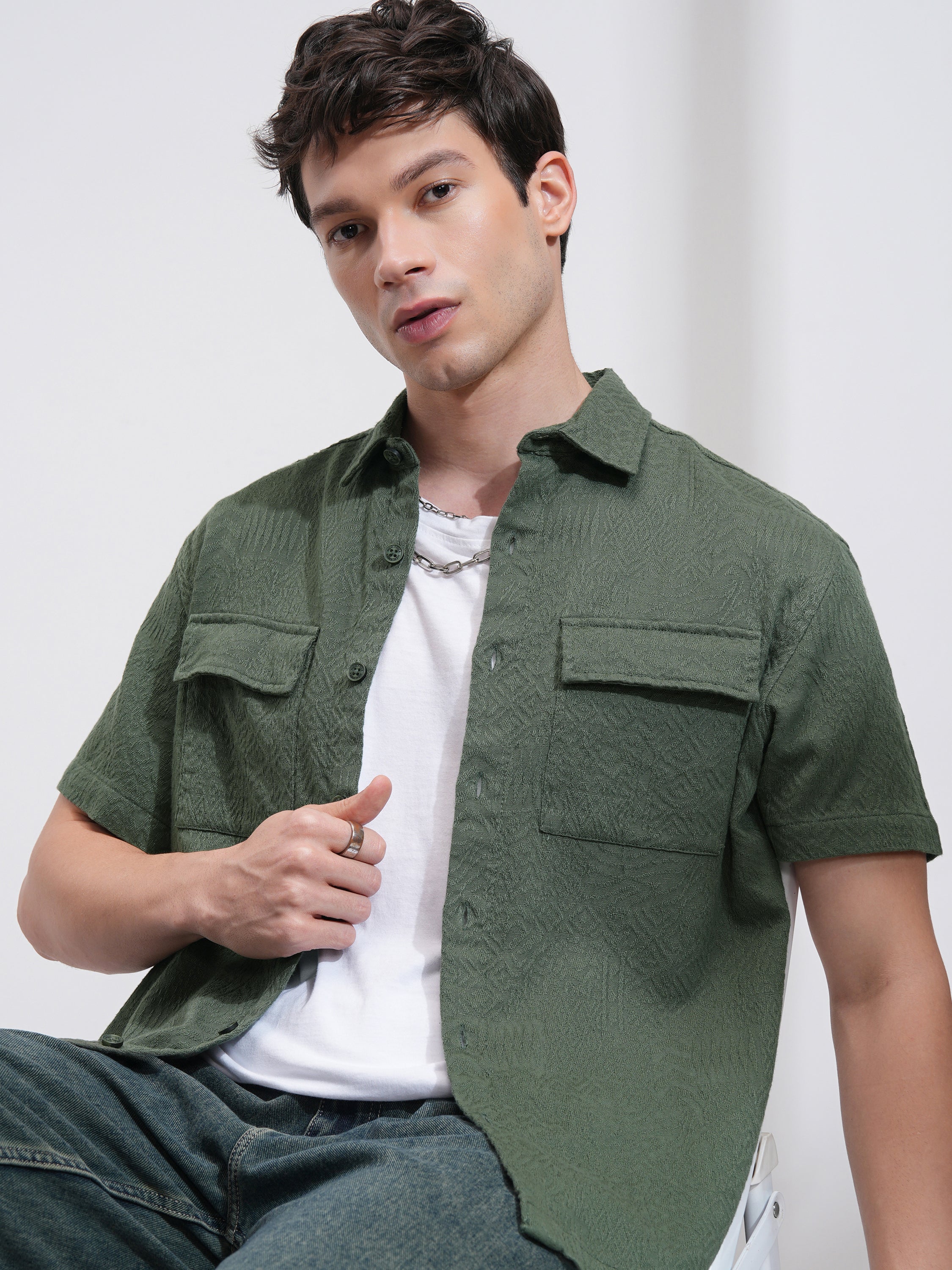 Highlander Men Olive Self Design Oversized Fit Casual Shirt - Olive - Image 1