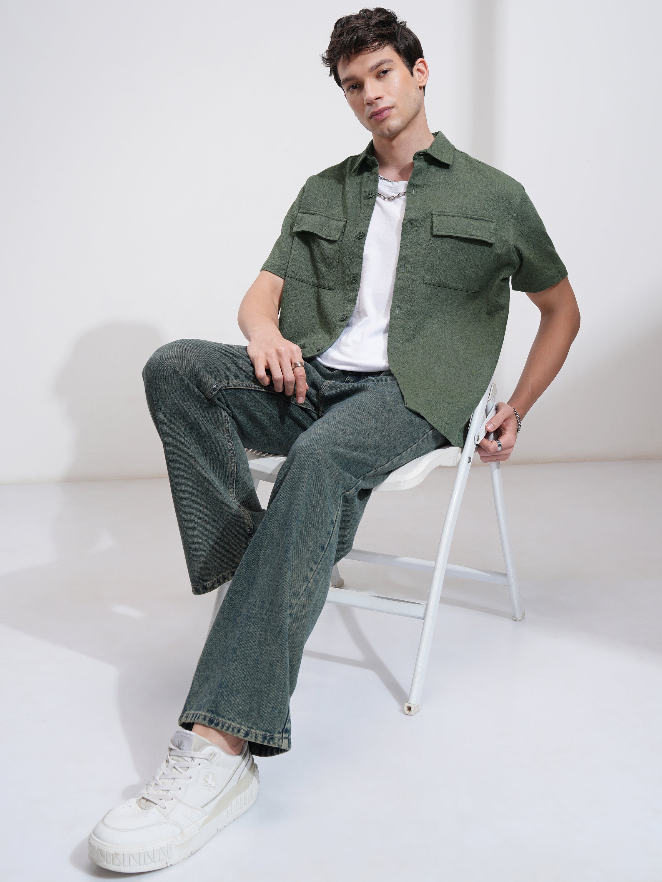 Highlander Men Olive Self Design Oversized Fit Casual Shirt - Olive - Image 2