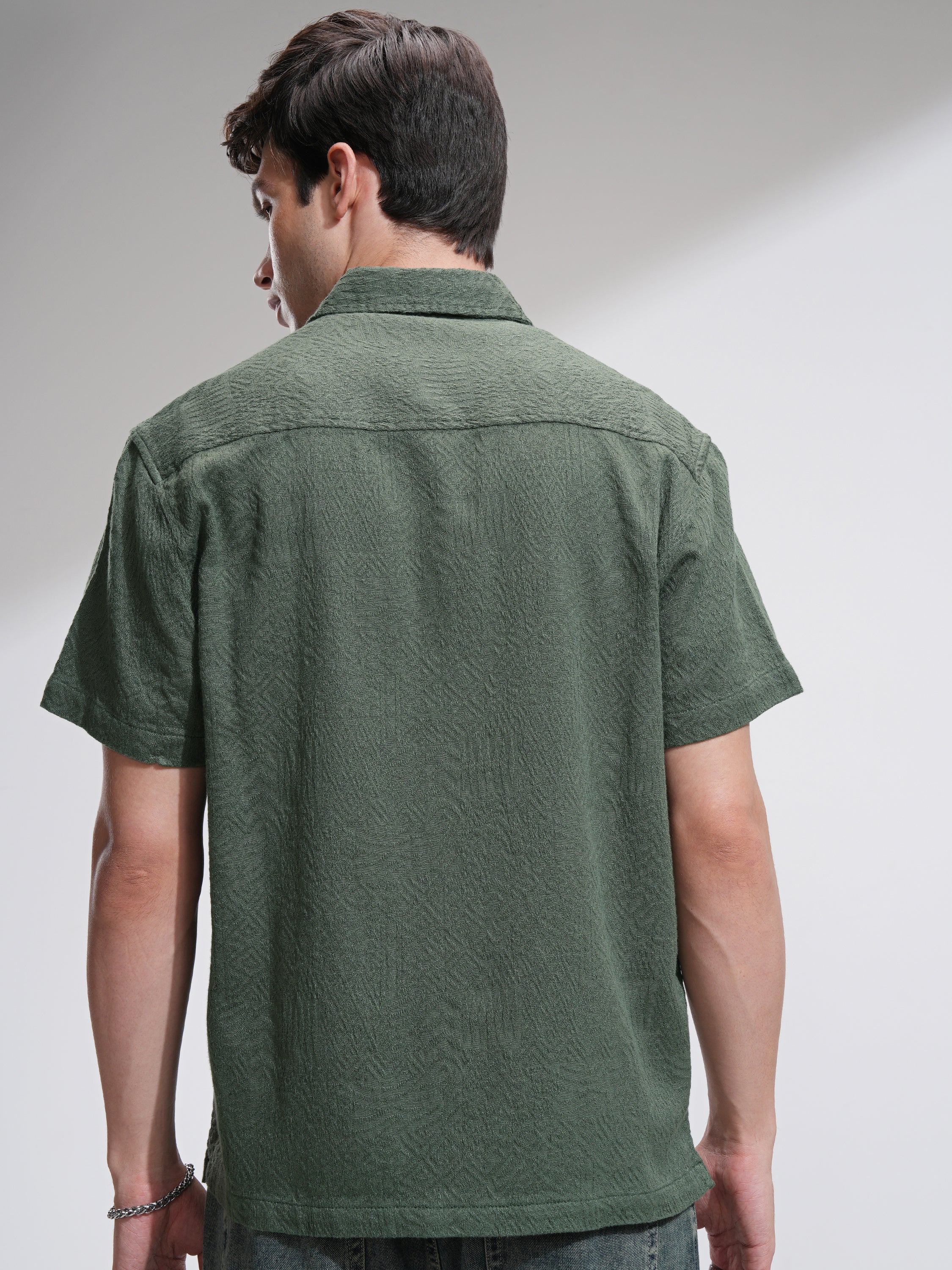 Highlander Men Olive Self Design Oversized Fit Casual Shirt - Olive - Image 3