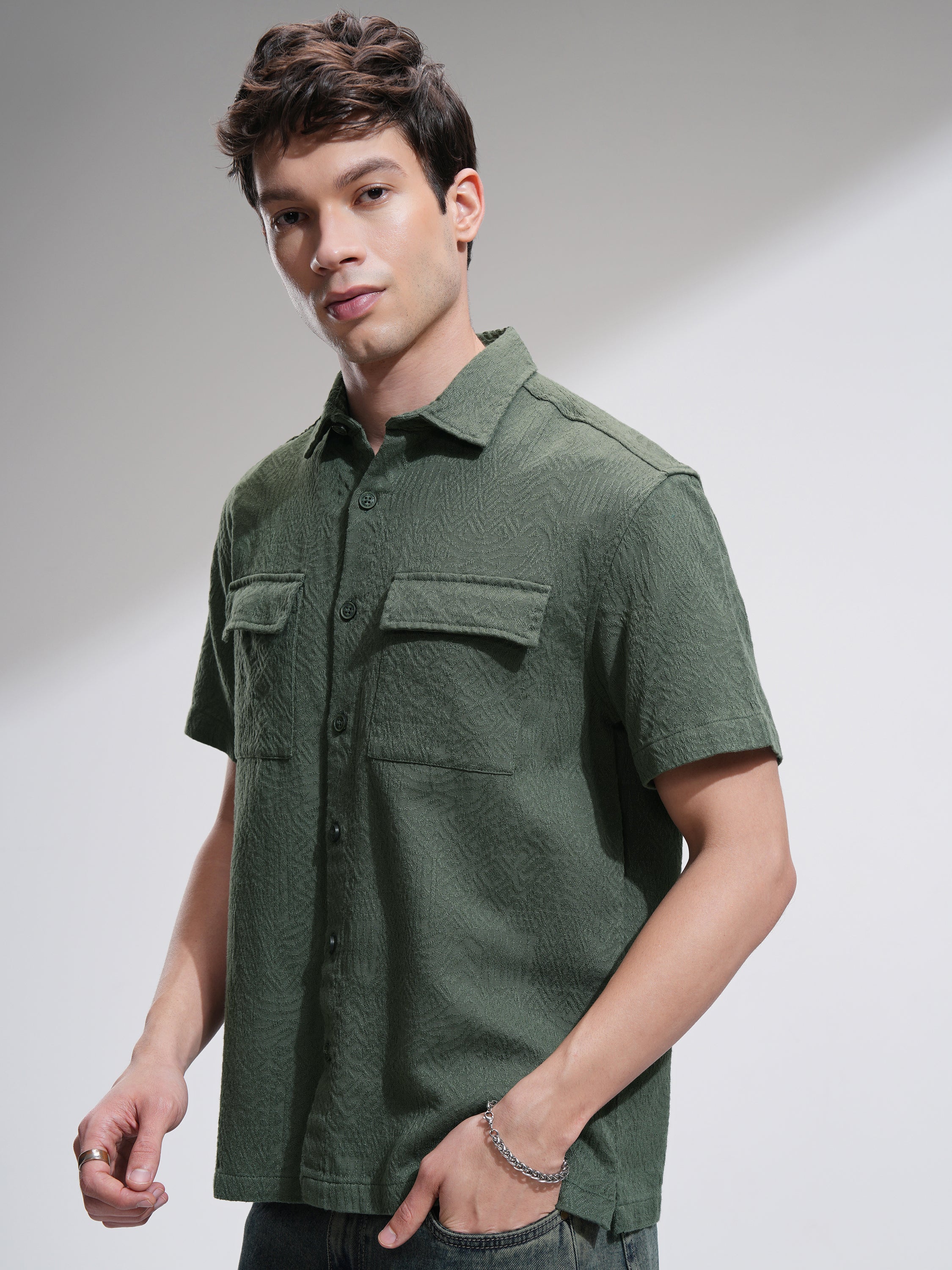 Highlander Men Olive Self Design Oversized Fit Casual Shirt - Olive - Image 4