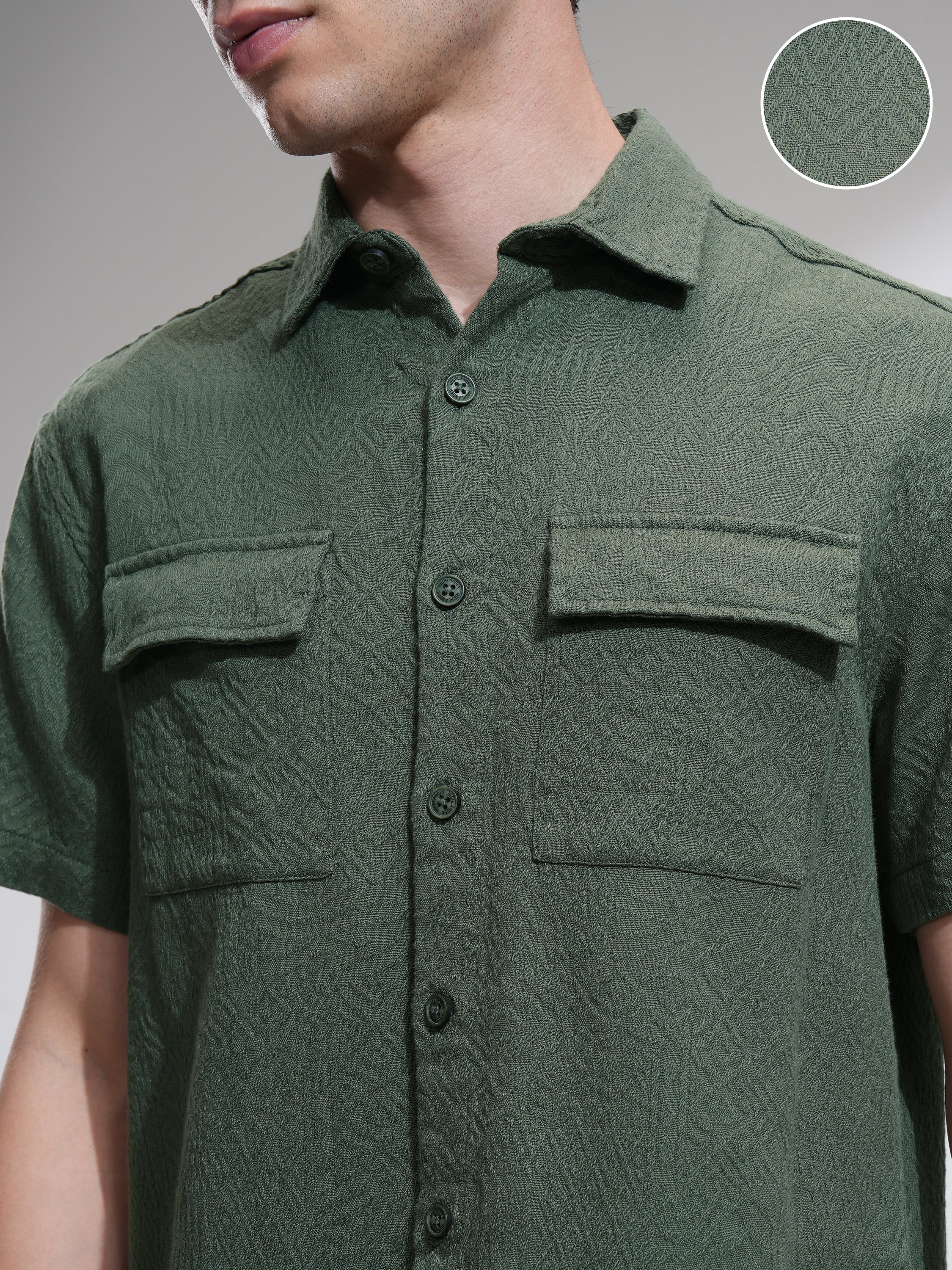 Highlander Men Olive Self Design Oversized Fit Casual Shirt - Olive - Image 5