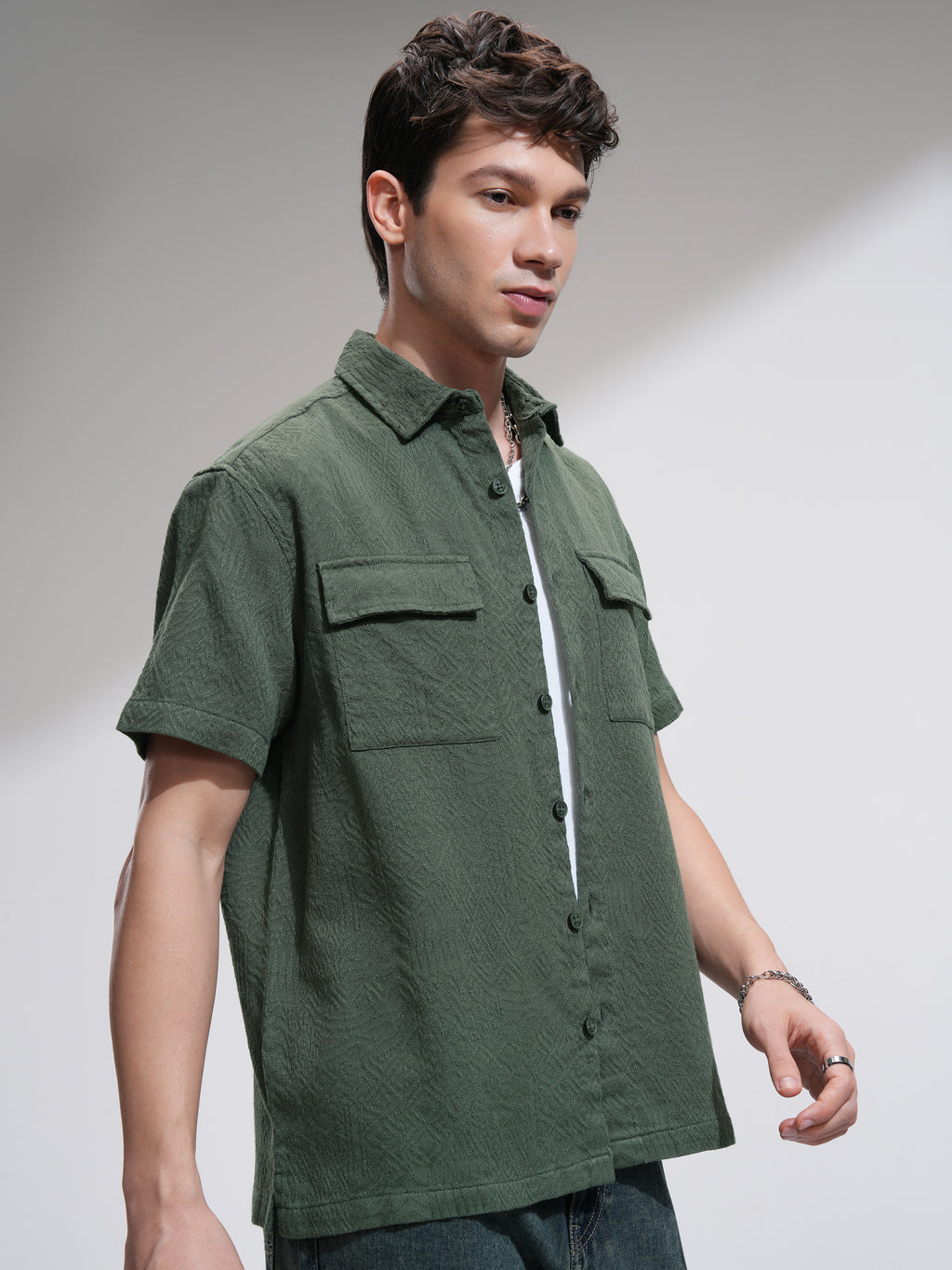 Highlander Men Olive Self Design Oversized Fit Casual Shirt - Olive - Image 6