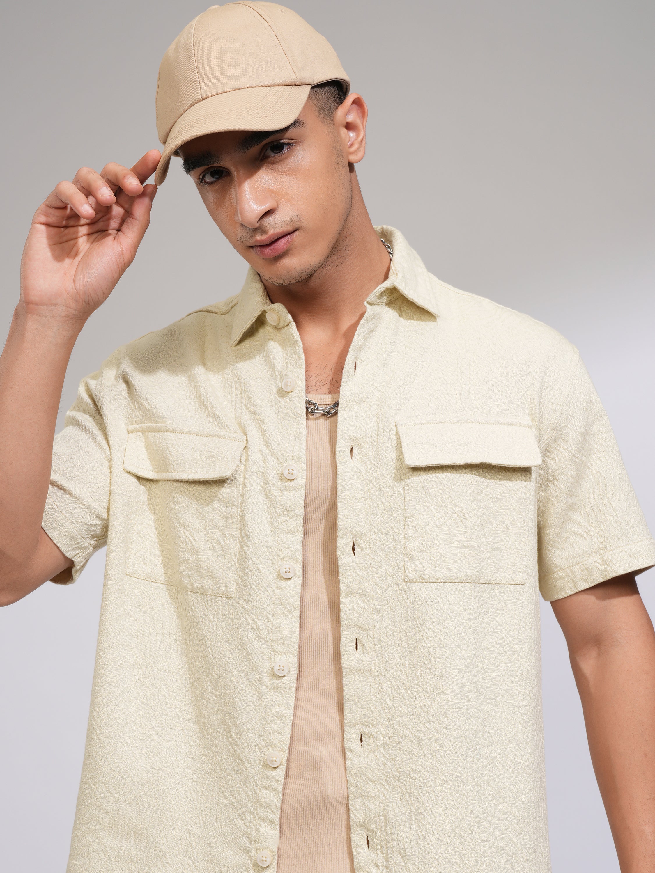Highlander Men Cream Self Design Oversized Fit Casual Shirt - Cream - Image 1
