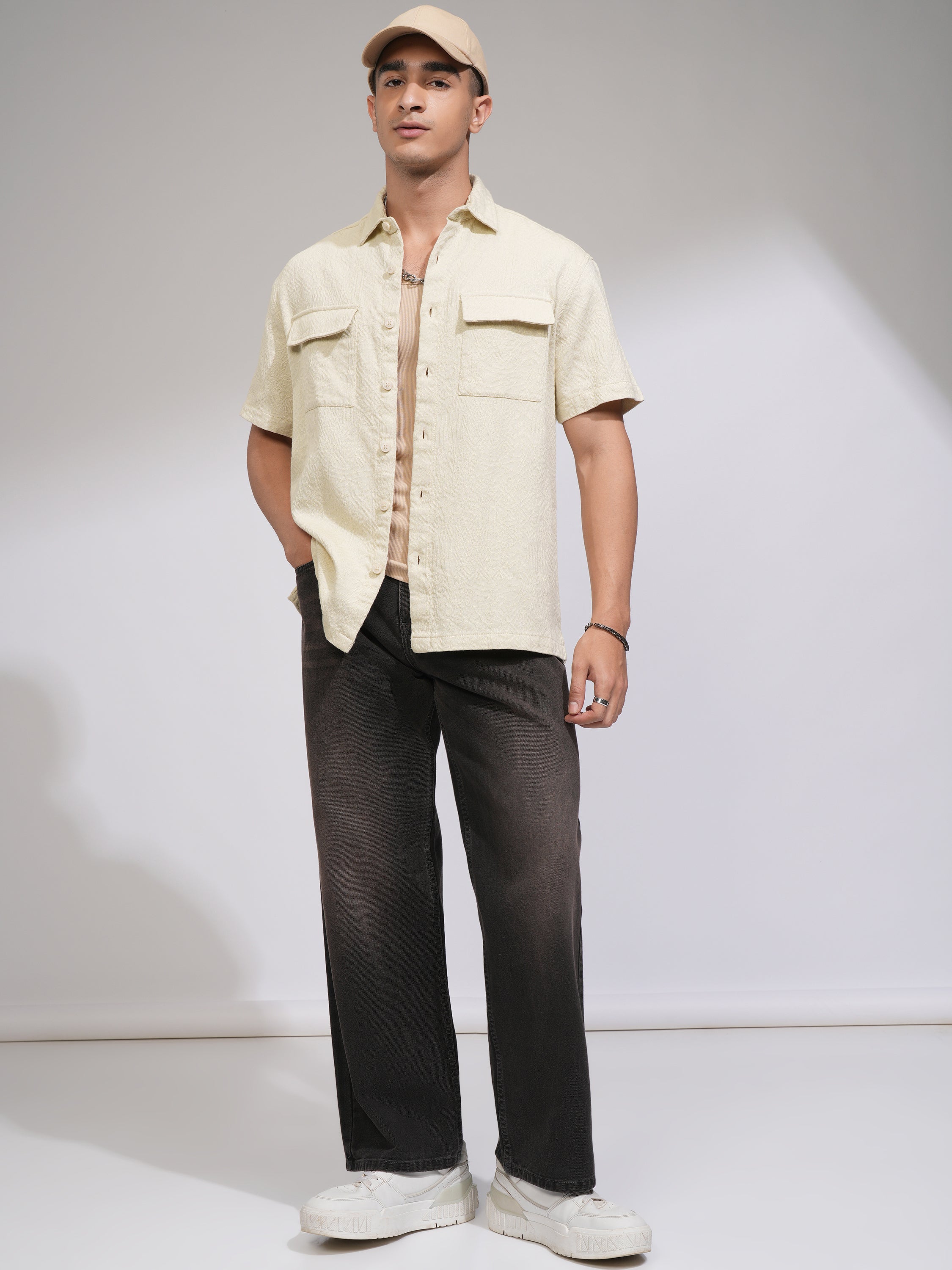 Highlander Men Cream Self Design Oversized Fit Casual Shirt - Cream - Image 2