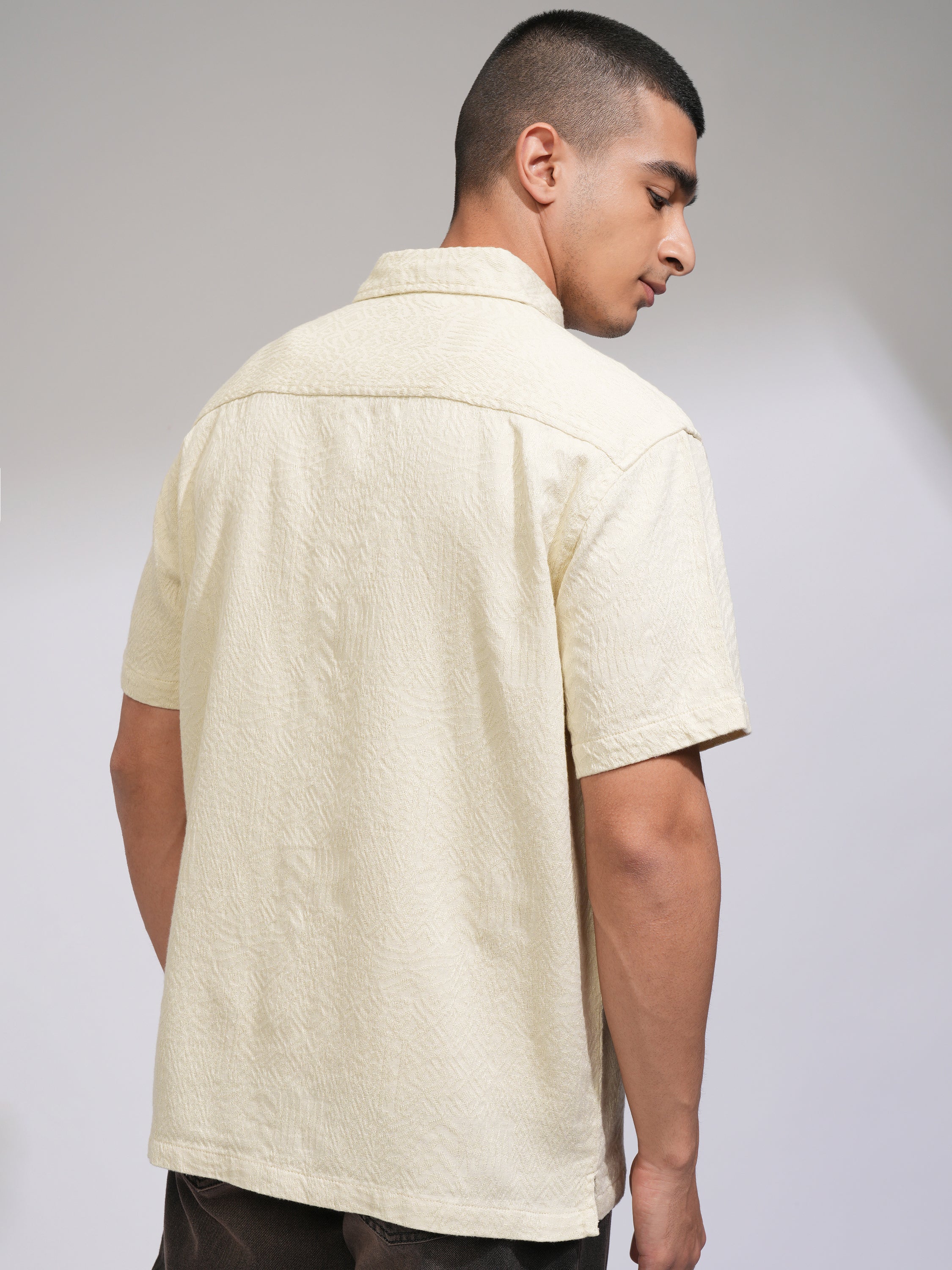 Highlander Men Cream Self Design Oversized Fit Casual Shirt - Cream - Image 3