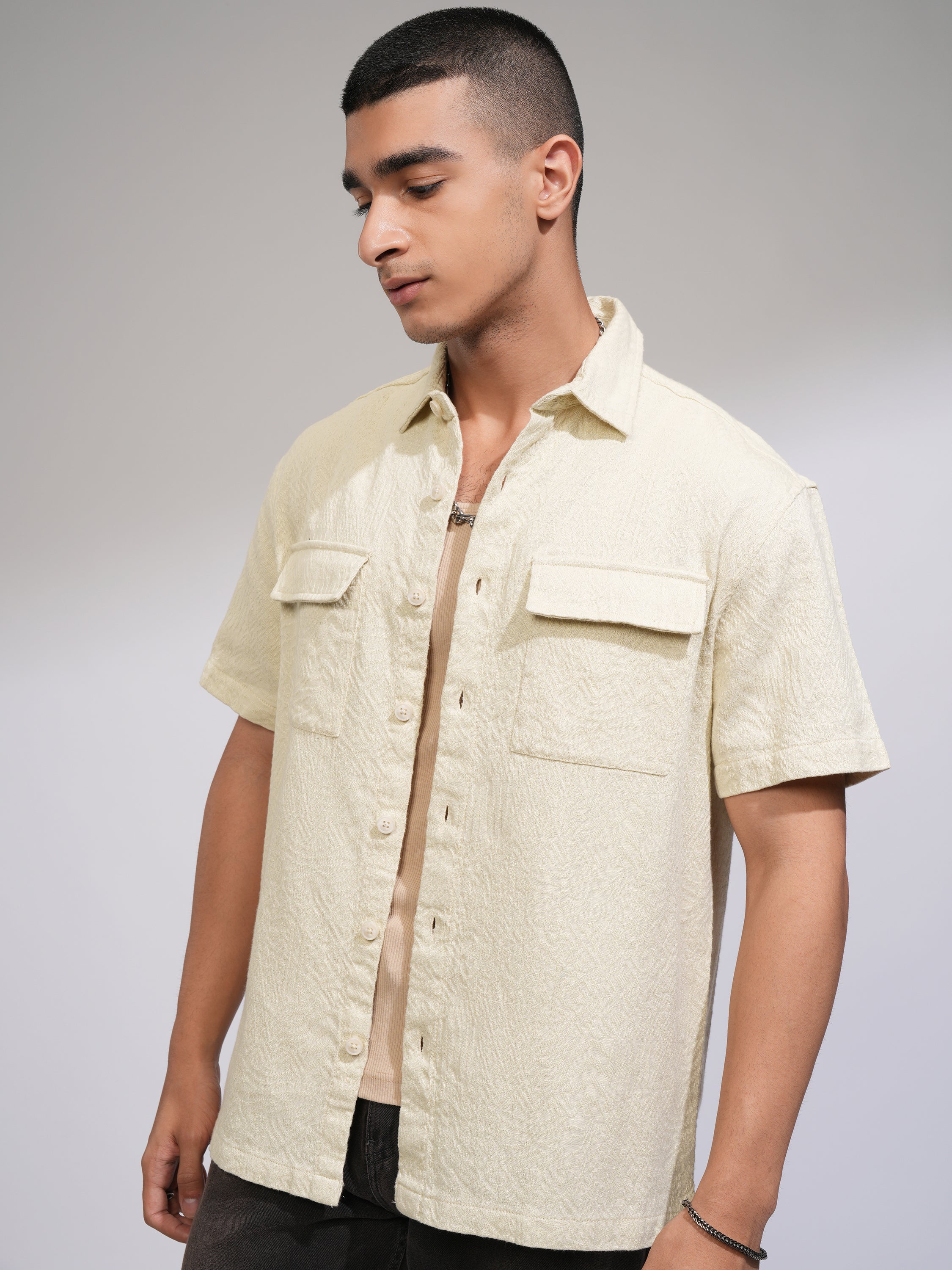 Highlander Men Cream Self Design Oversized Fit Casual Shirt - Cream - Image 4