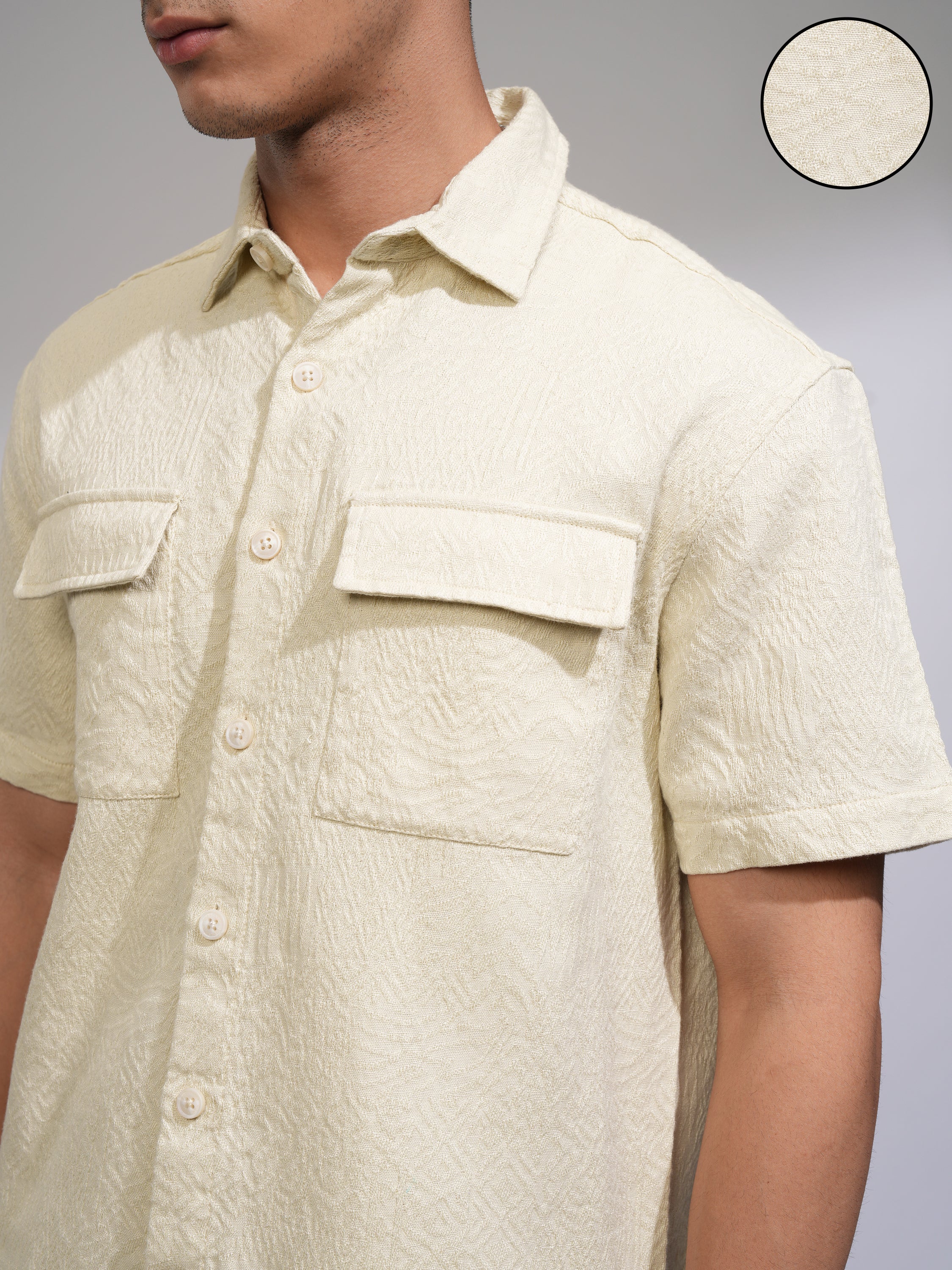 Highlander Men Cream Self Design Oversized Fit Casual Shirt - Cream - Image 5