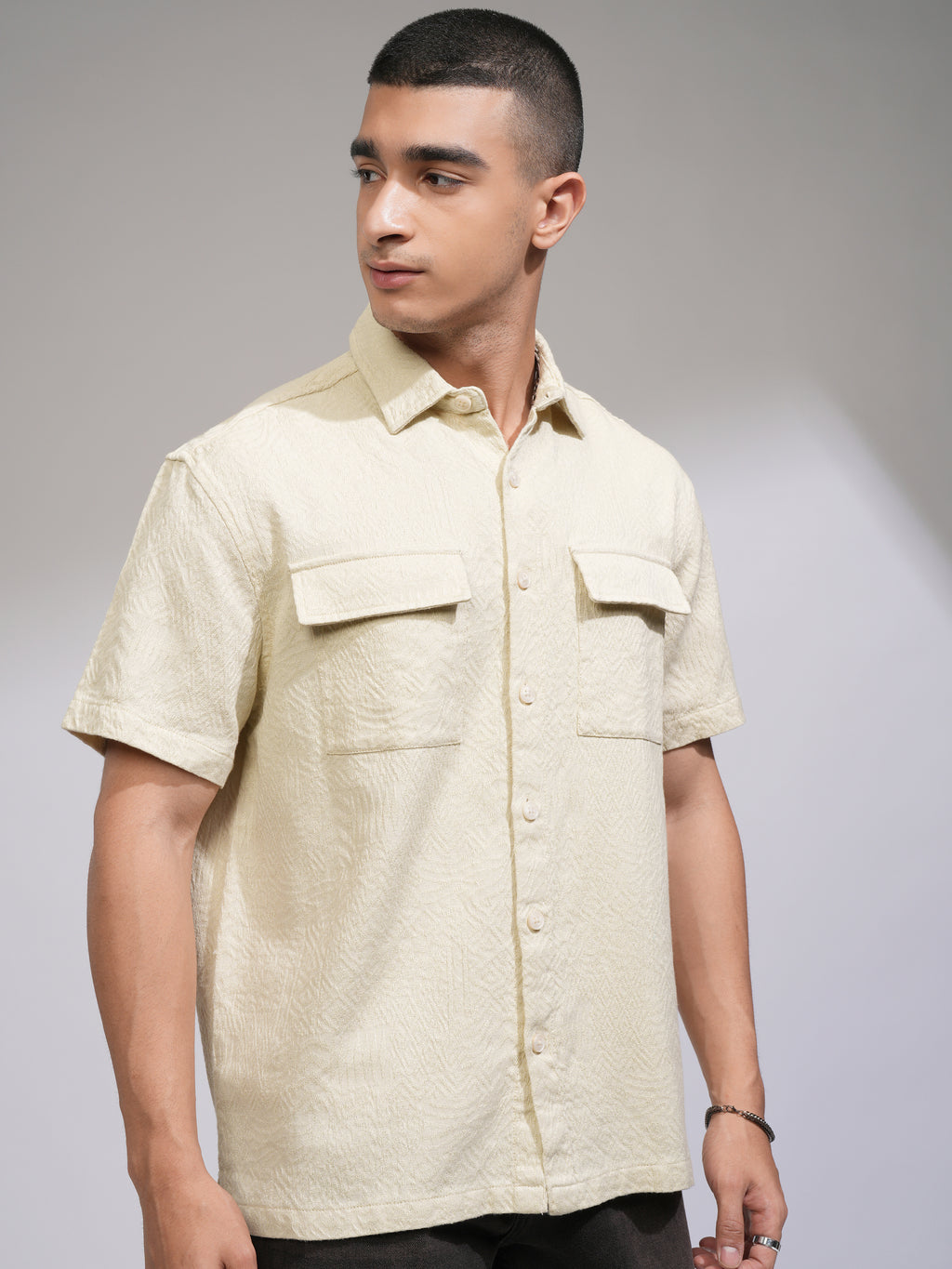 Highlander Men Cream Self Design Oversized Fit Casual Shirt - Cream - Image 6