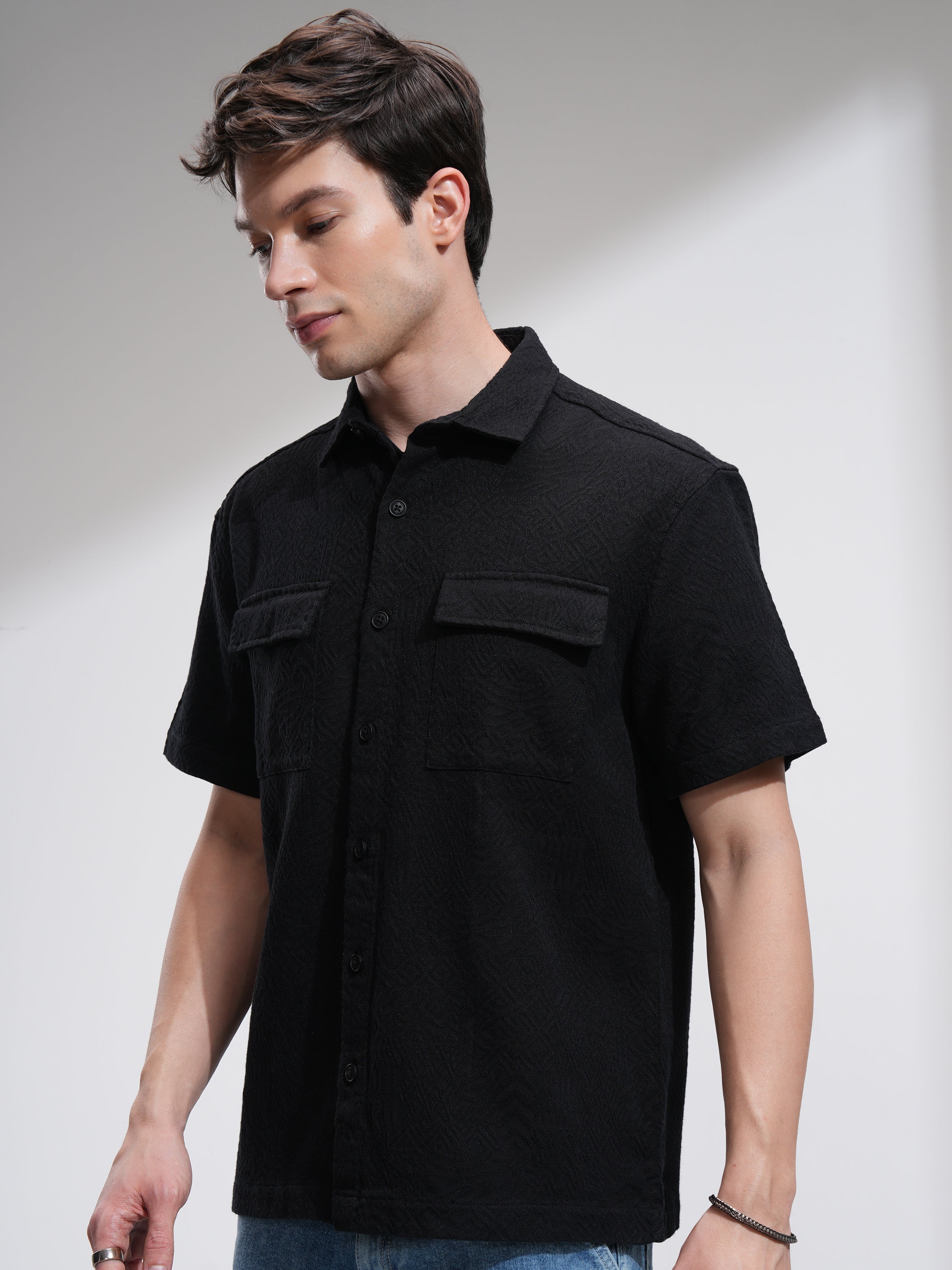 Highlander Men Black Solid Oversized Fit Casual Shirt - Black - Image 4