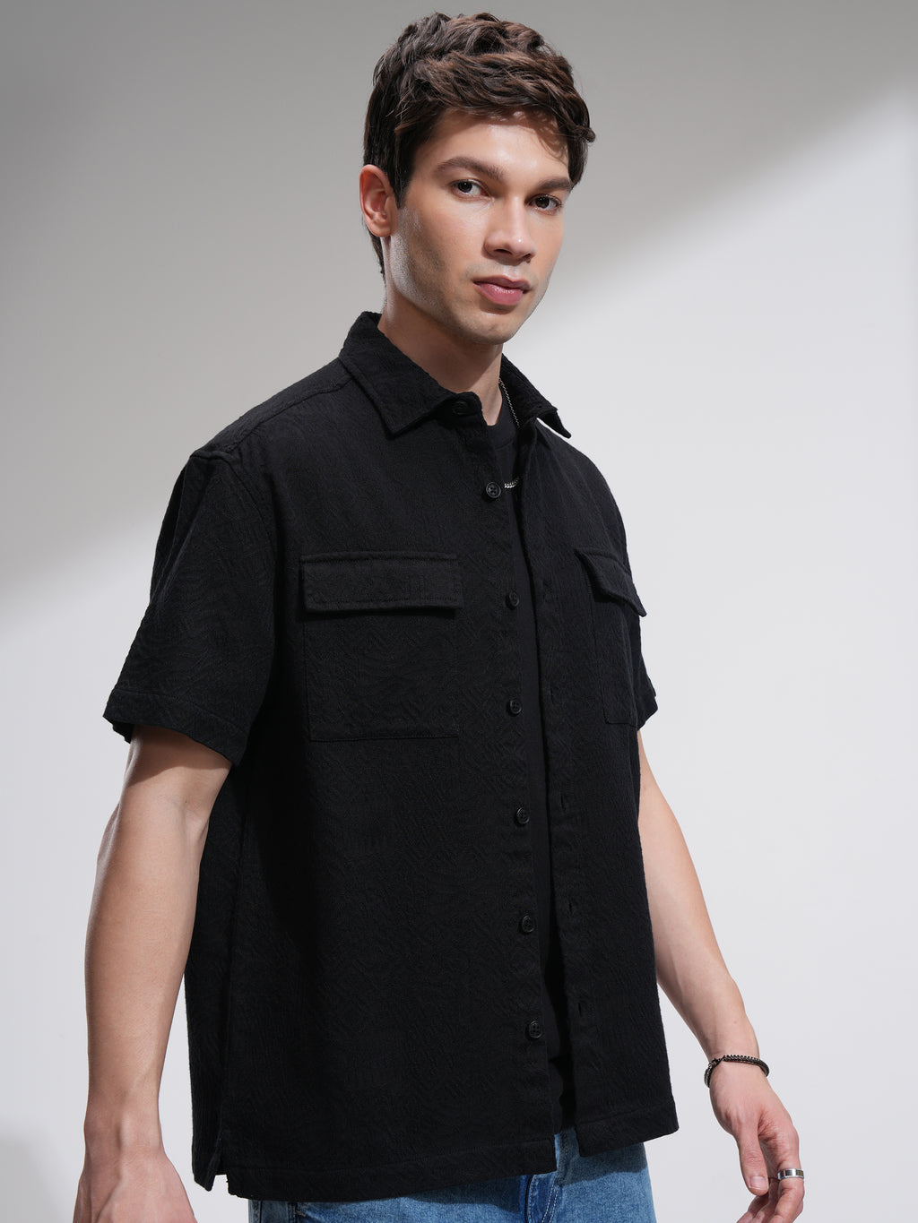 Highlander Men Black Solid Oversized Fit Casual Shirt - Black - Image 6