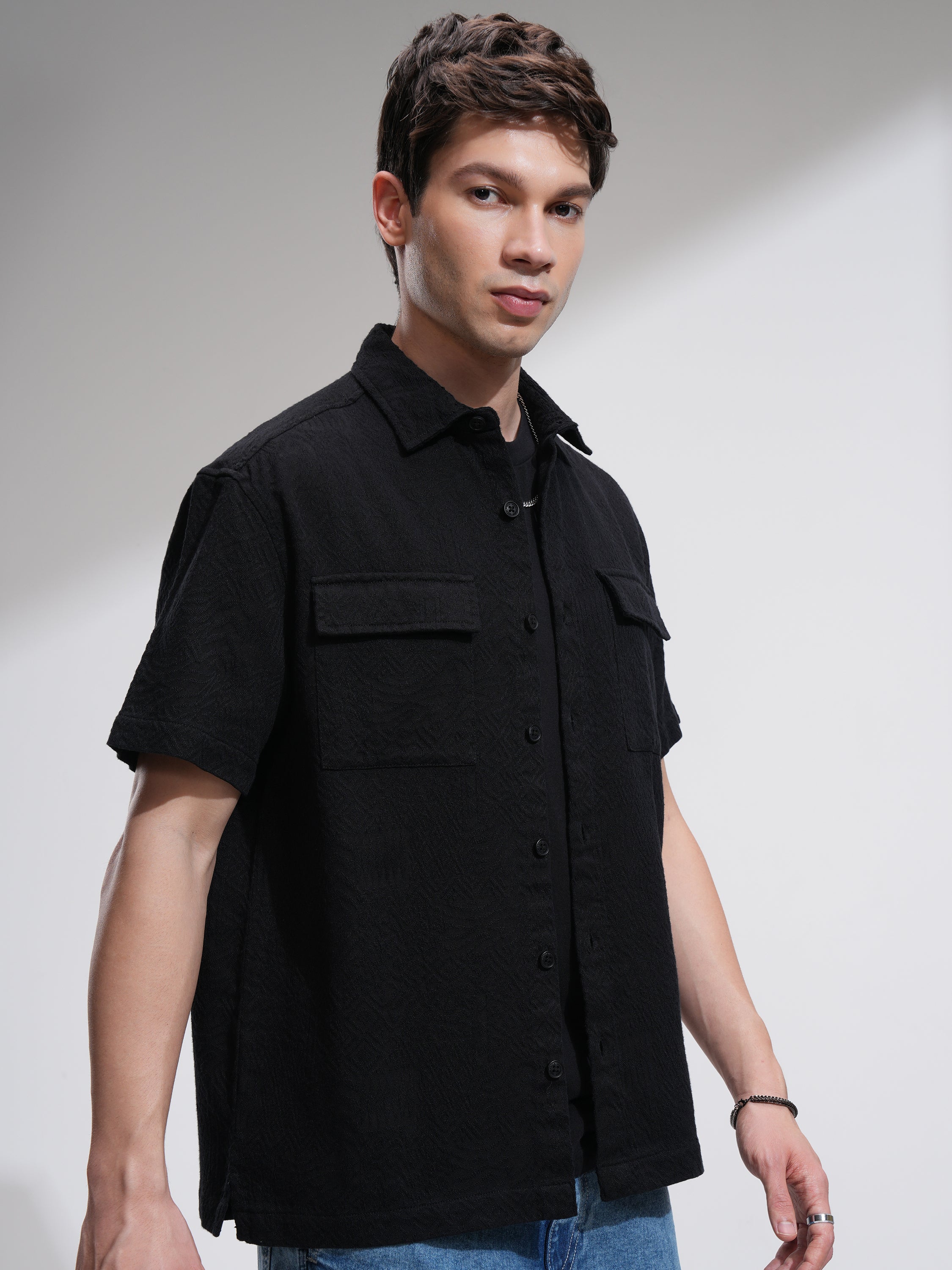 Highlander Men Black Solid Oversized Fit Casual Shirt - Black - Image 6