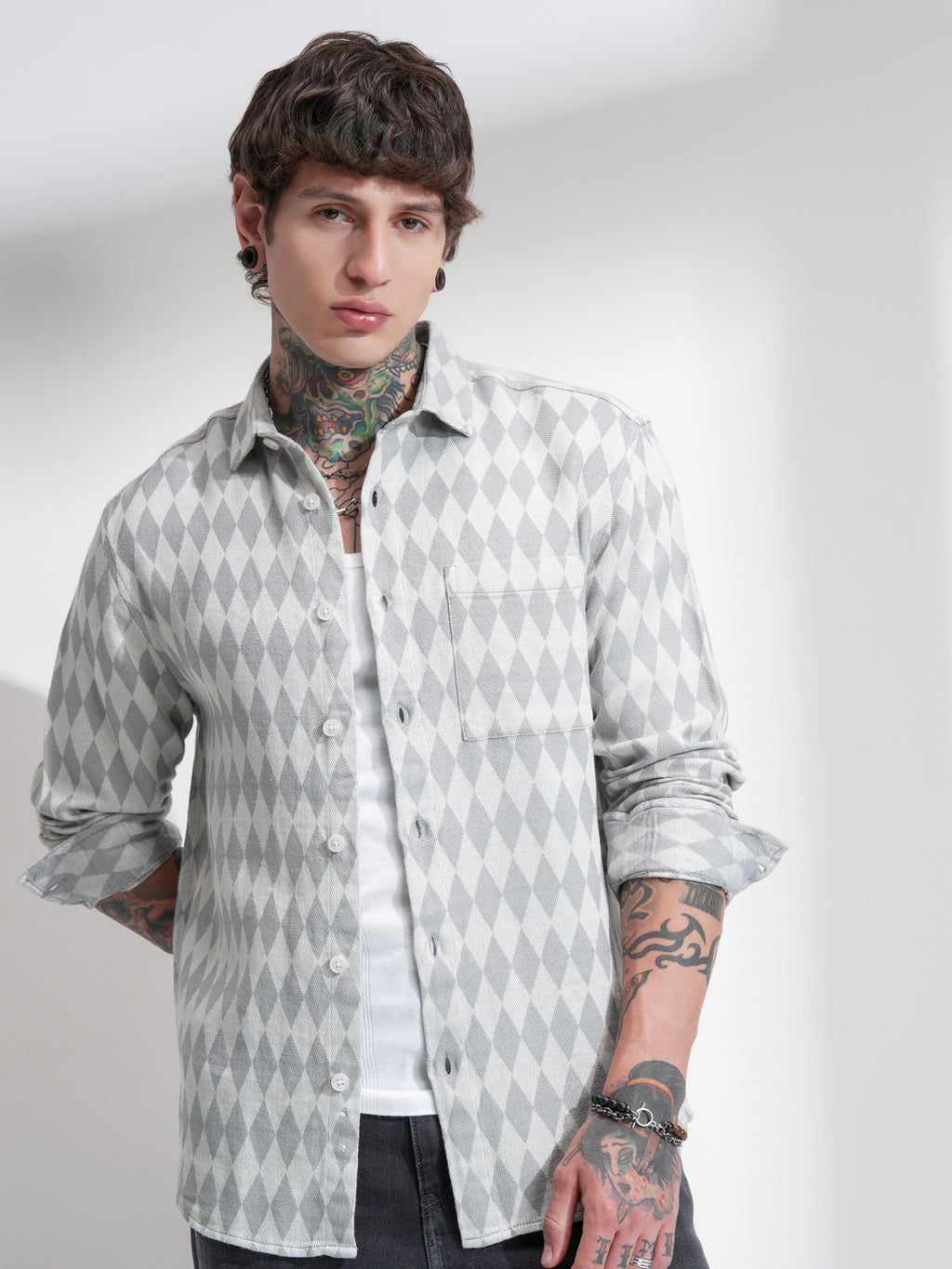 Highlander Men Off White Print Oversized Fit Casual Shirt - Off White - Image 1