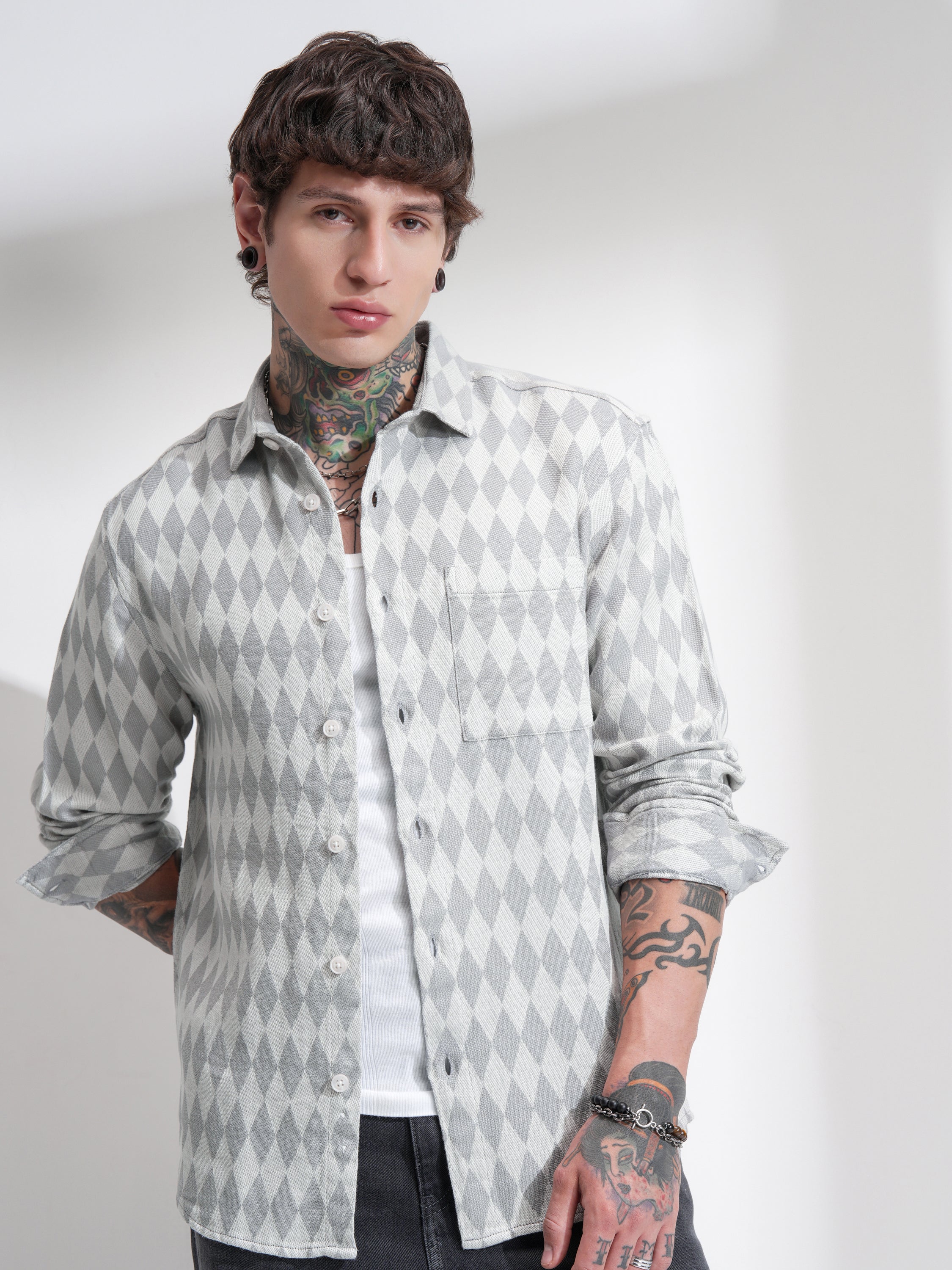 Highlander Men Off White Print Oversized Fit Casual Shirt - Off White - Image 1