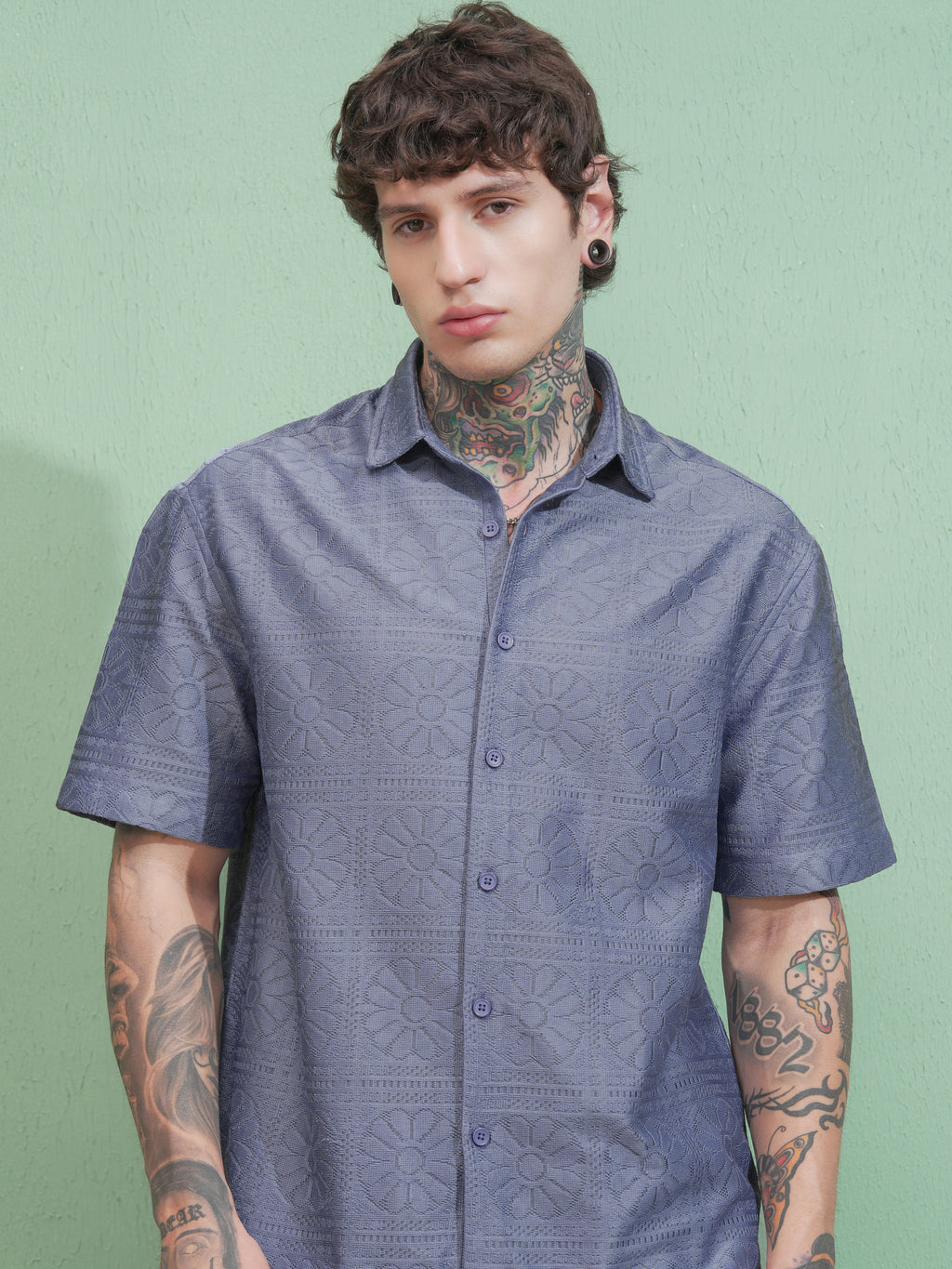 Highlander Men Blue Self Design Oversized Fit Casual Shirt - Blue - Image 1