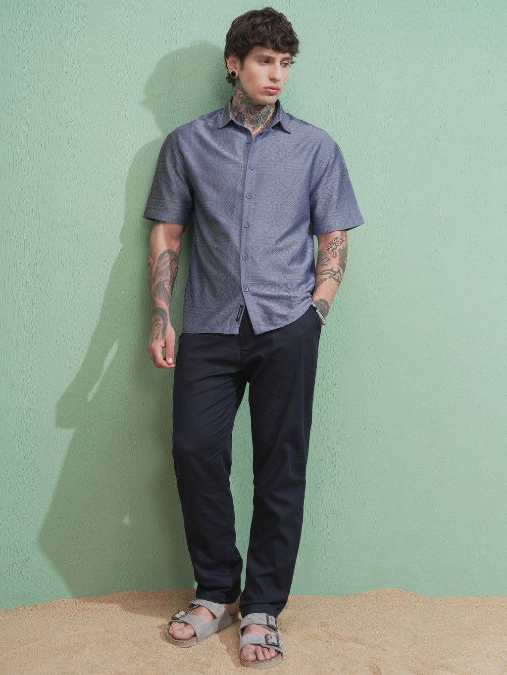 Highlander Men Blue Self Design Oversized Fit Casual Shirt - Blue - Image 2