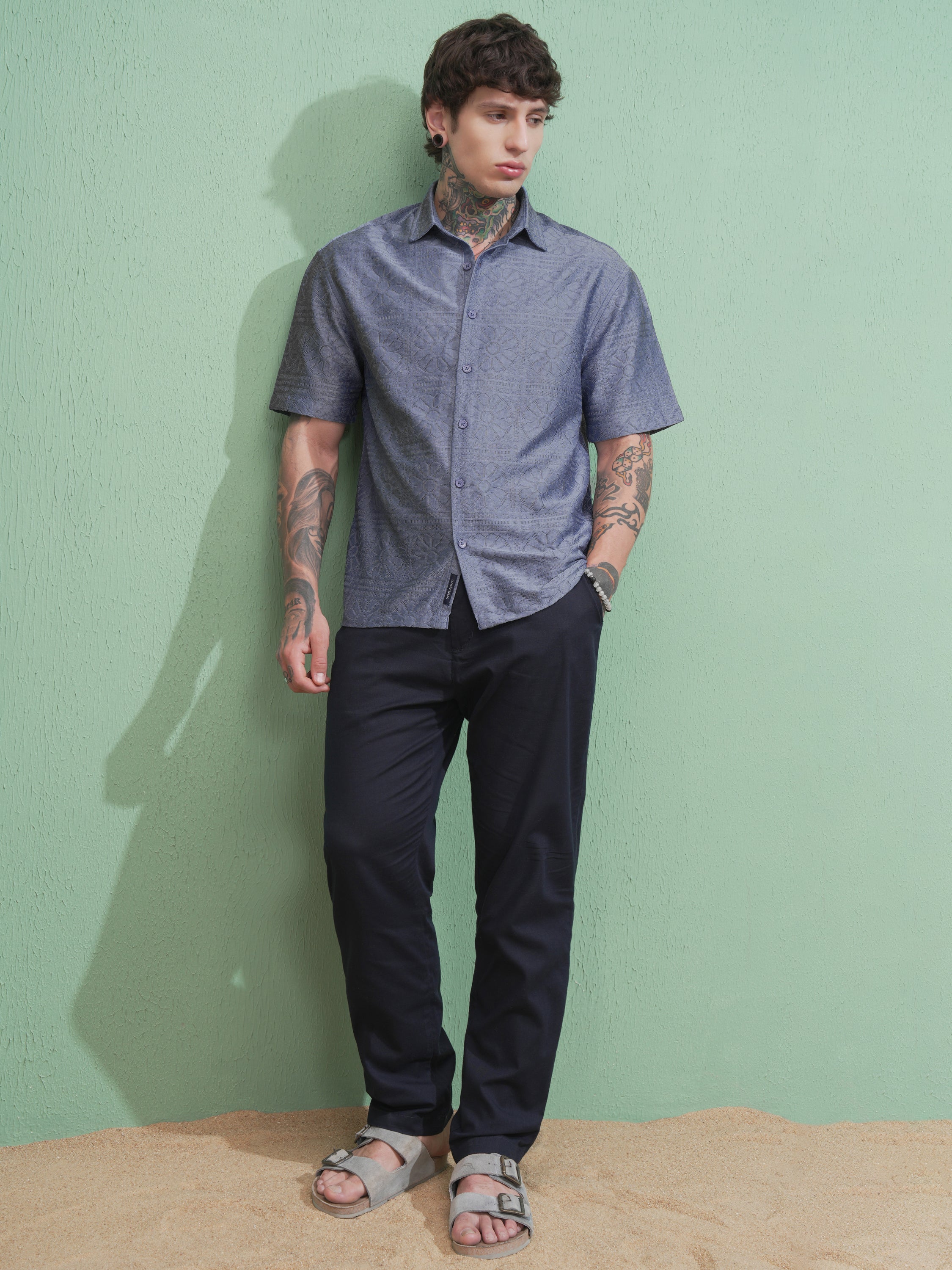 Highlander Men Blue Self Design Oversized Fit Casual Shirt - Blue - Image 2