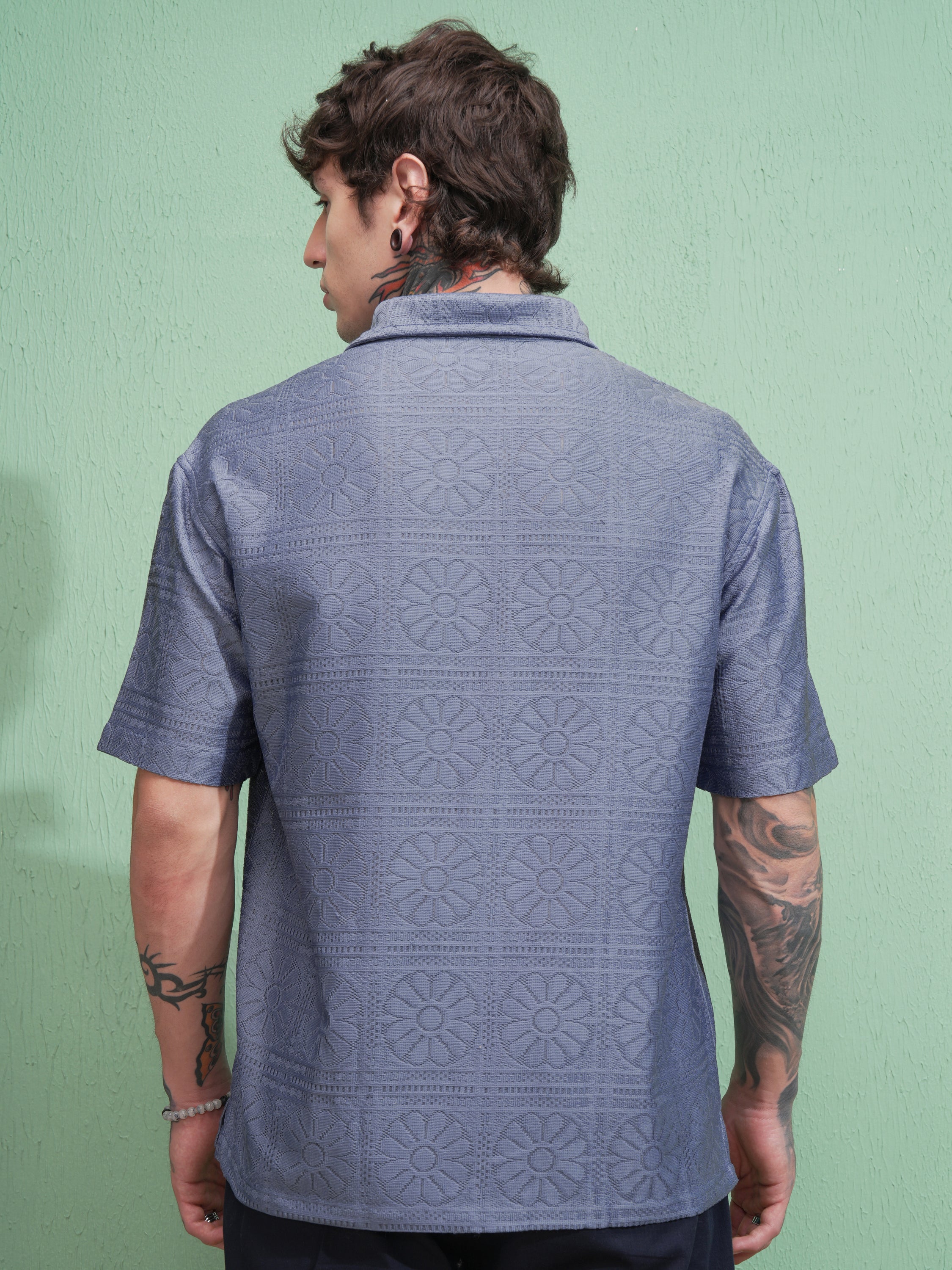 Highlander Men Blue Self Design Oversized Fit Casual Shirt - Blue - Image 3
