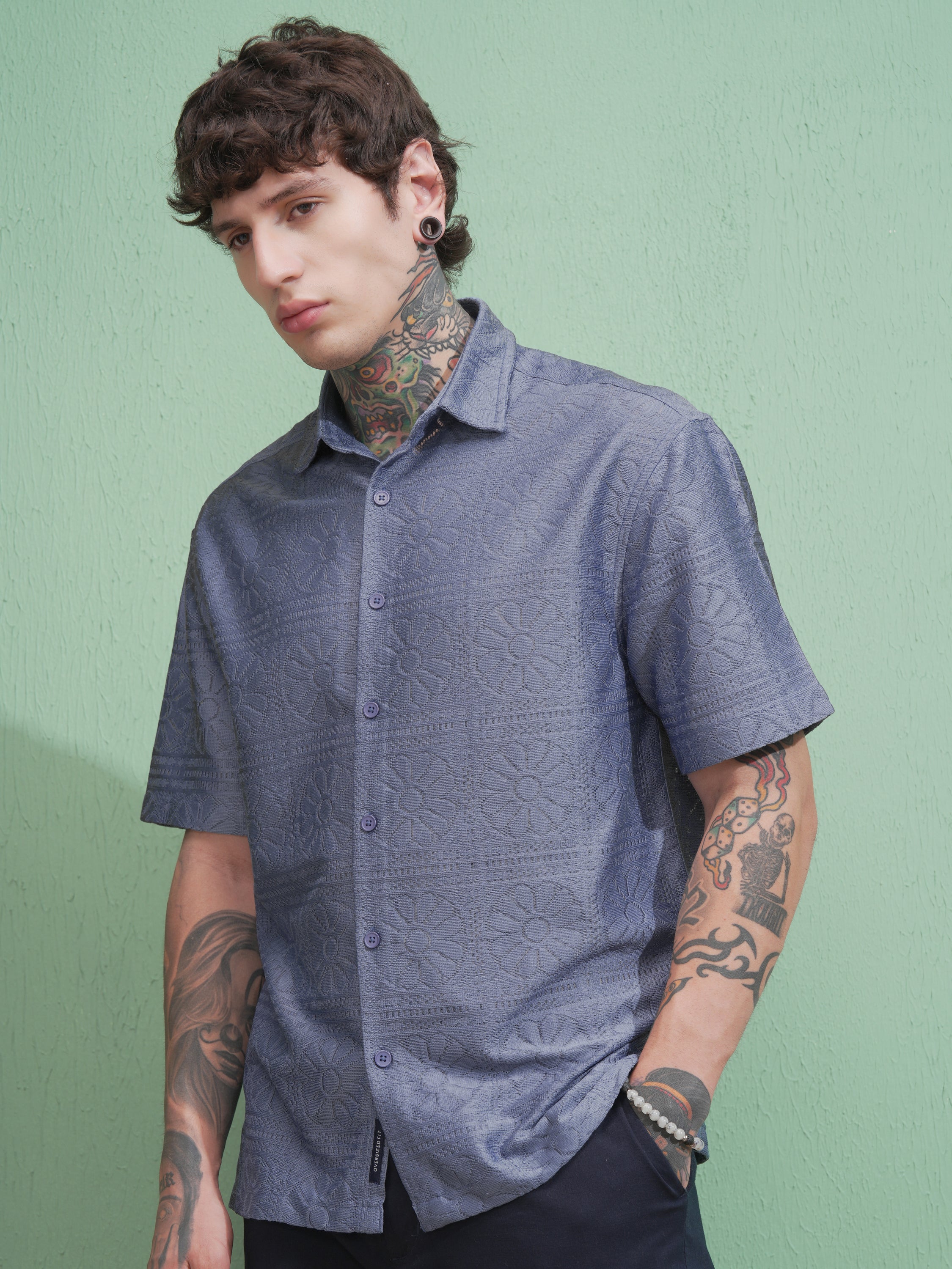 Highlander Men Blue Self Design Oversized Fit Casual Shirt - Blue - Image 4