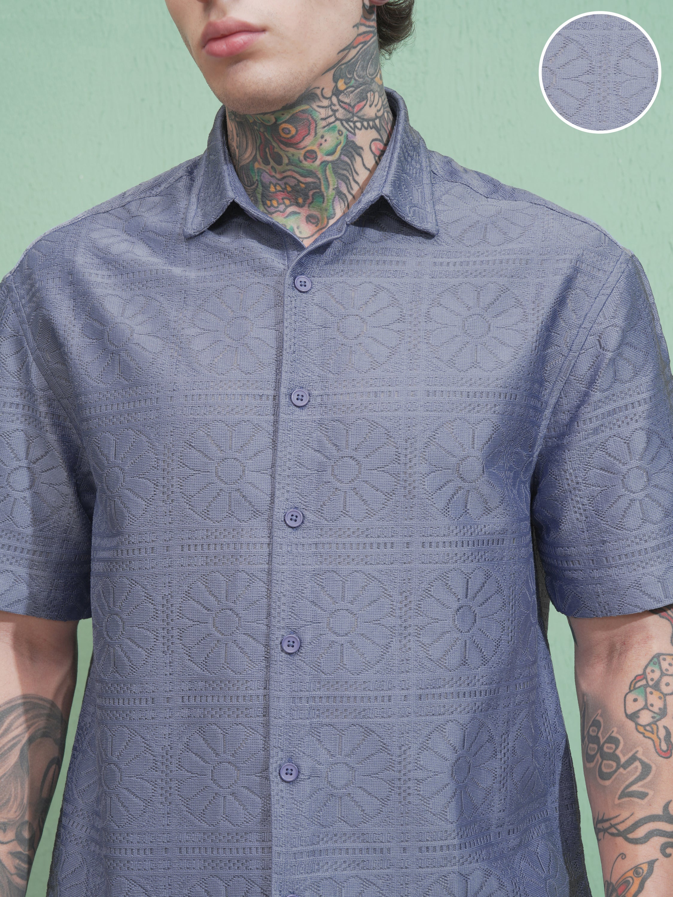 Highlander Men Blue Self Design Oversized Fit Casual Shirt - Blue - Image 5