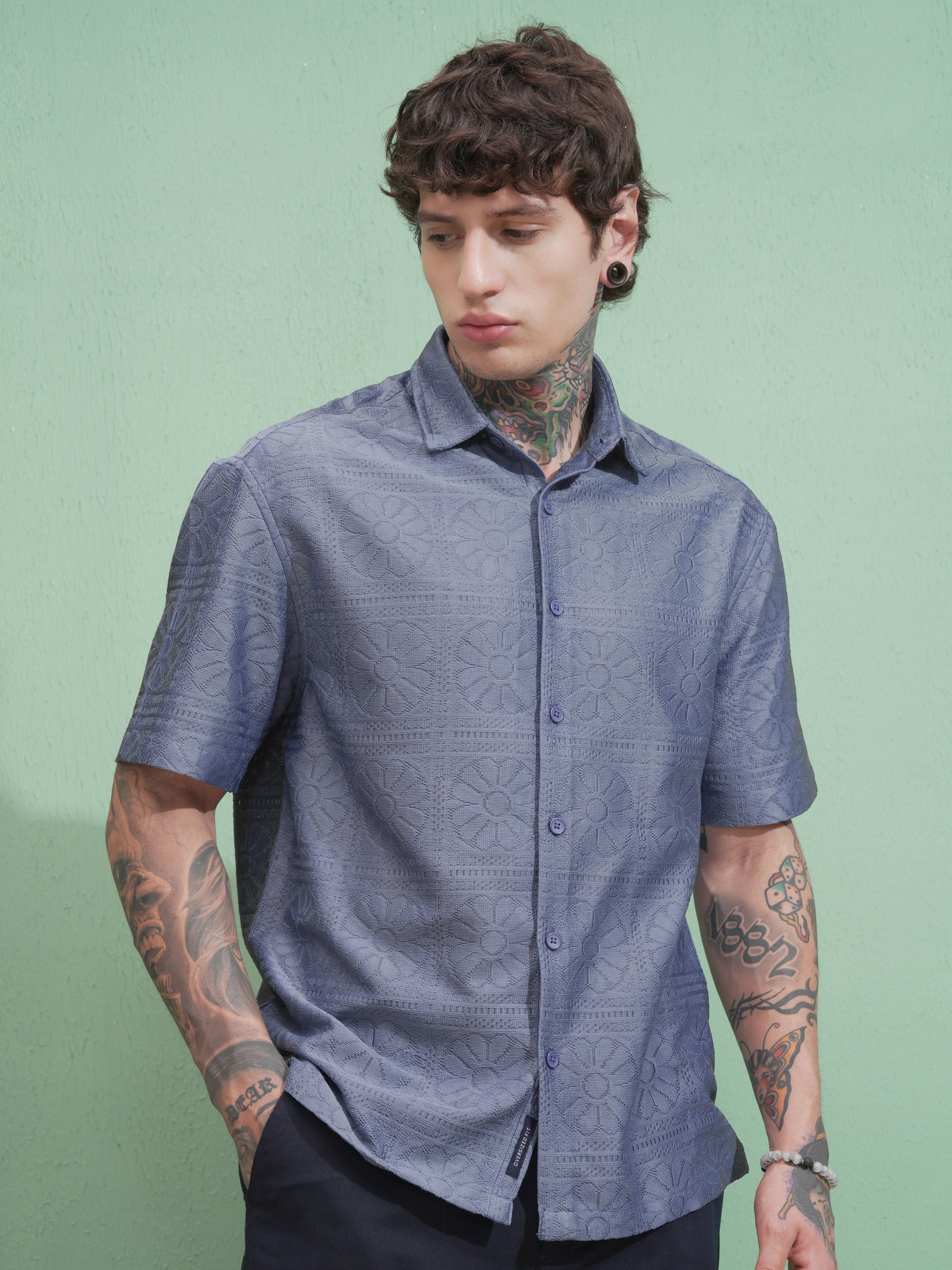 Highlander Men Blue Self Design Oversized Fit Casual Shirt - Blue - Image 6