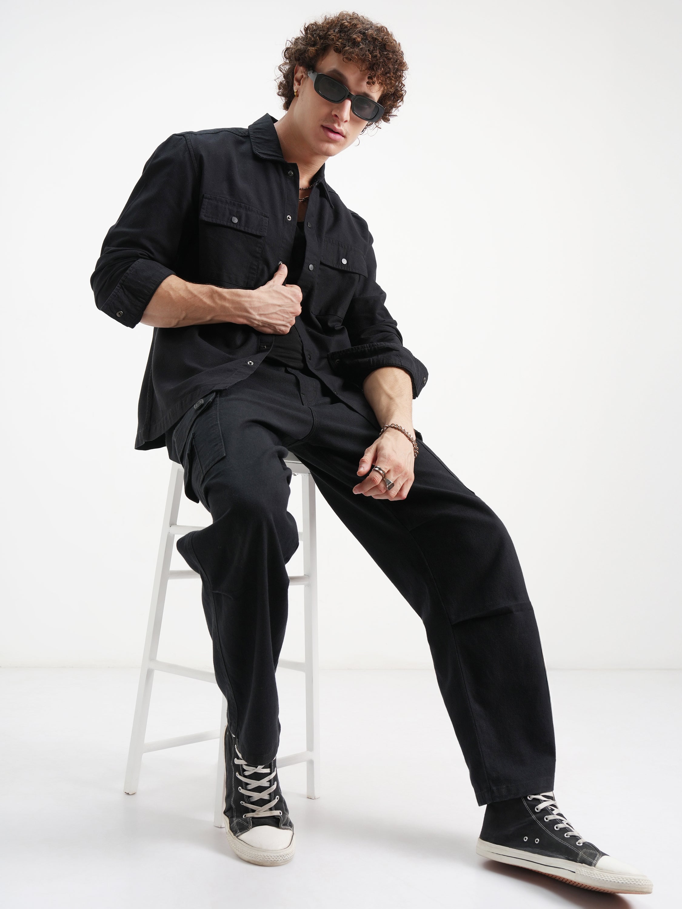 Highlander Men Black Self Design Relaxed Fit Casual Shirt - Black - Image 2
