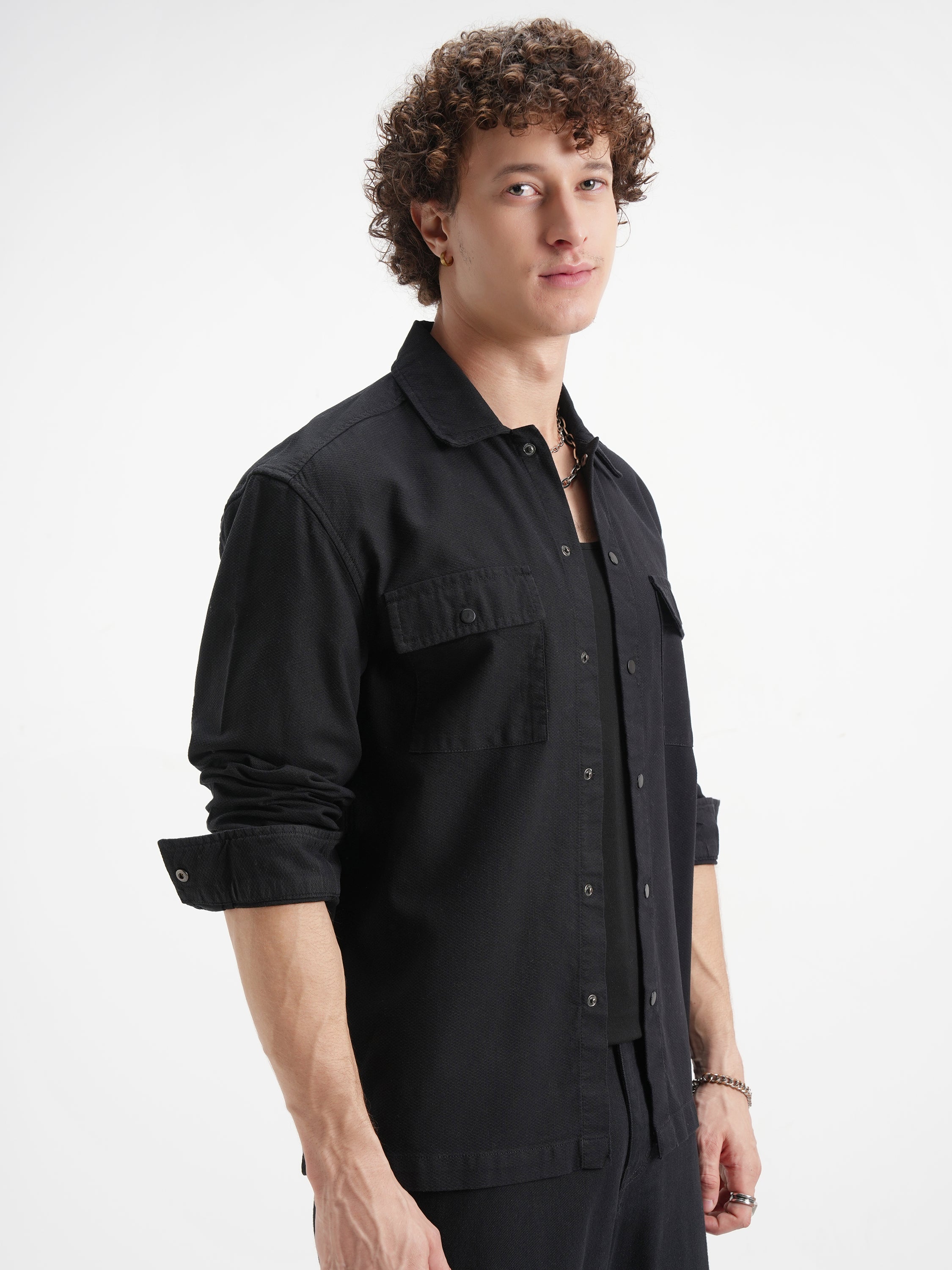 Highlander Men Black Self Design Relaxed Fit Casual Shirt - Black - Image 6