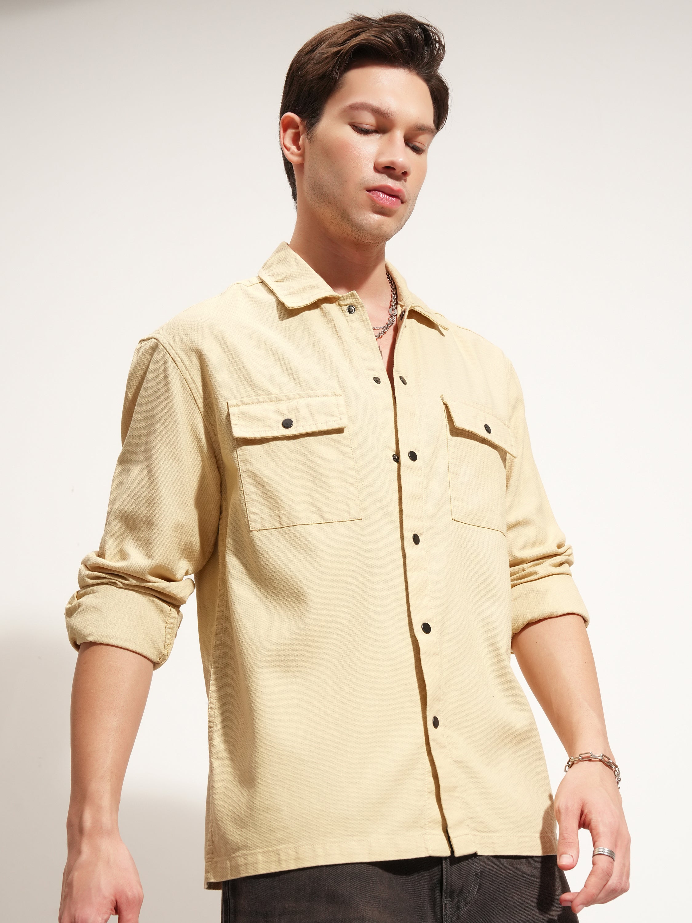 Highlander Men Beige Self Design Relaxed Fit Casual Shirt - Beige - Image 6