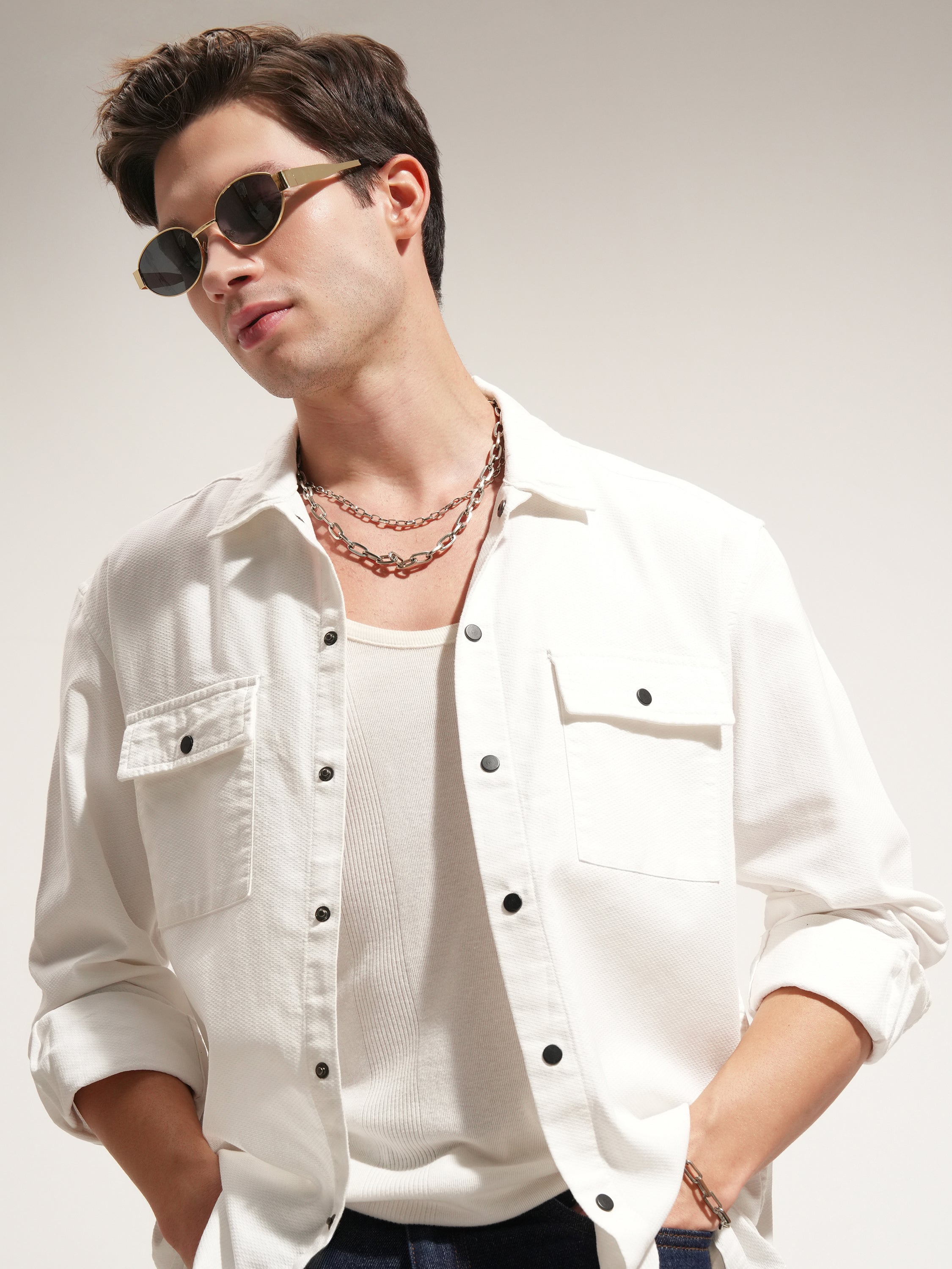 Highlander Men White Self Design Relaxed Fit Casual Shirt - White - Image 1