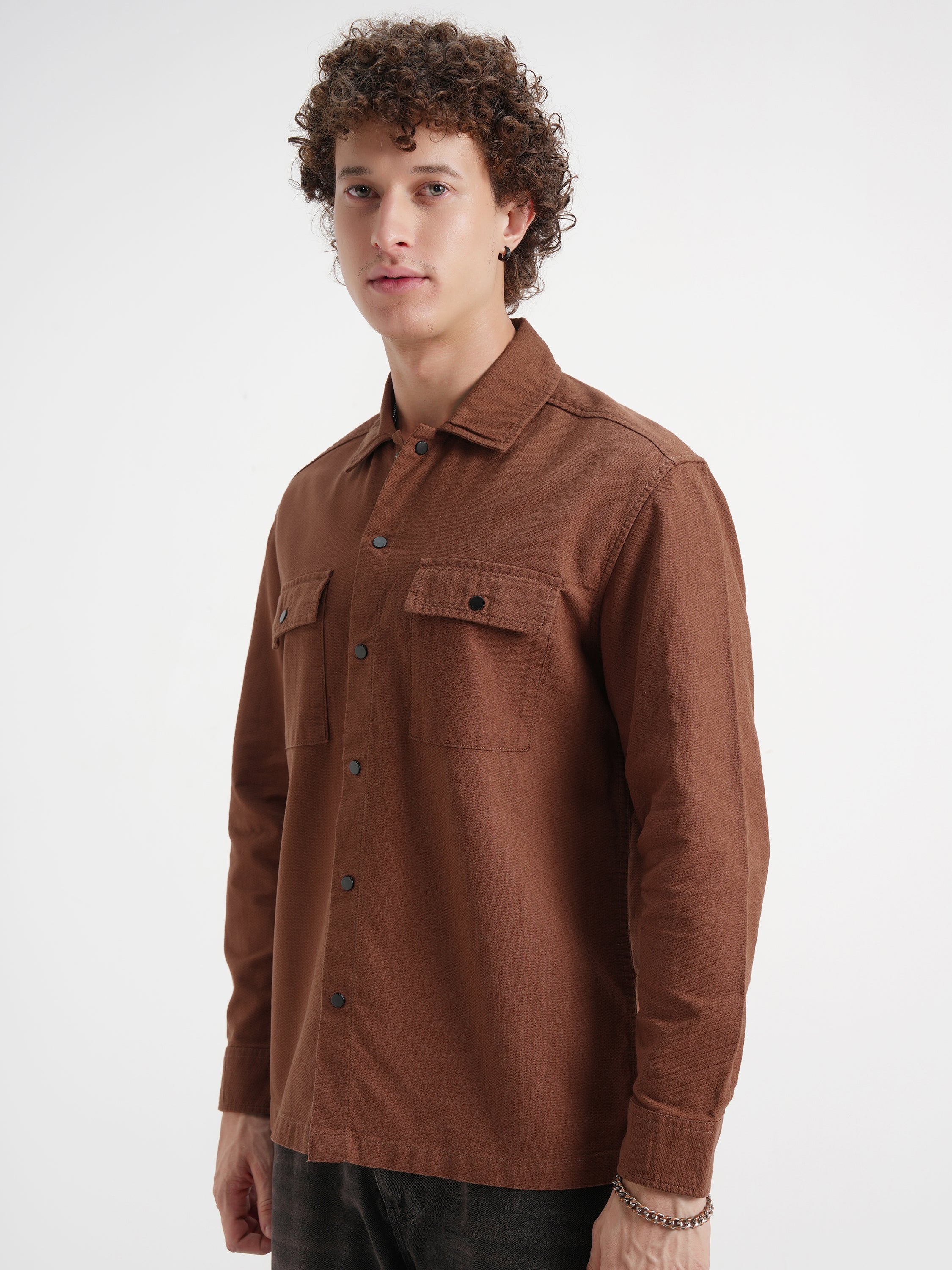 Highlander Men Rust Self Design Relaxed Fit Casual Shirt - Rust - Image 4