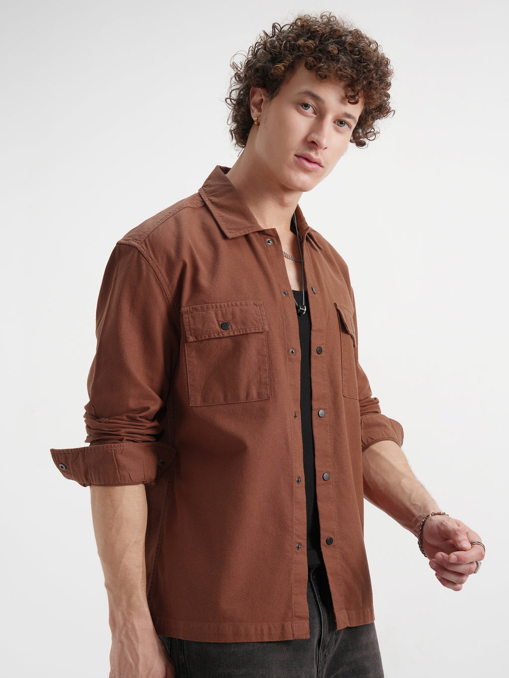 Highlander Men Rust Self Design Relaxed Fit Casual Shirt - Rust - Image 6