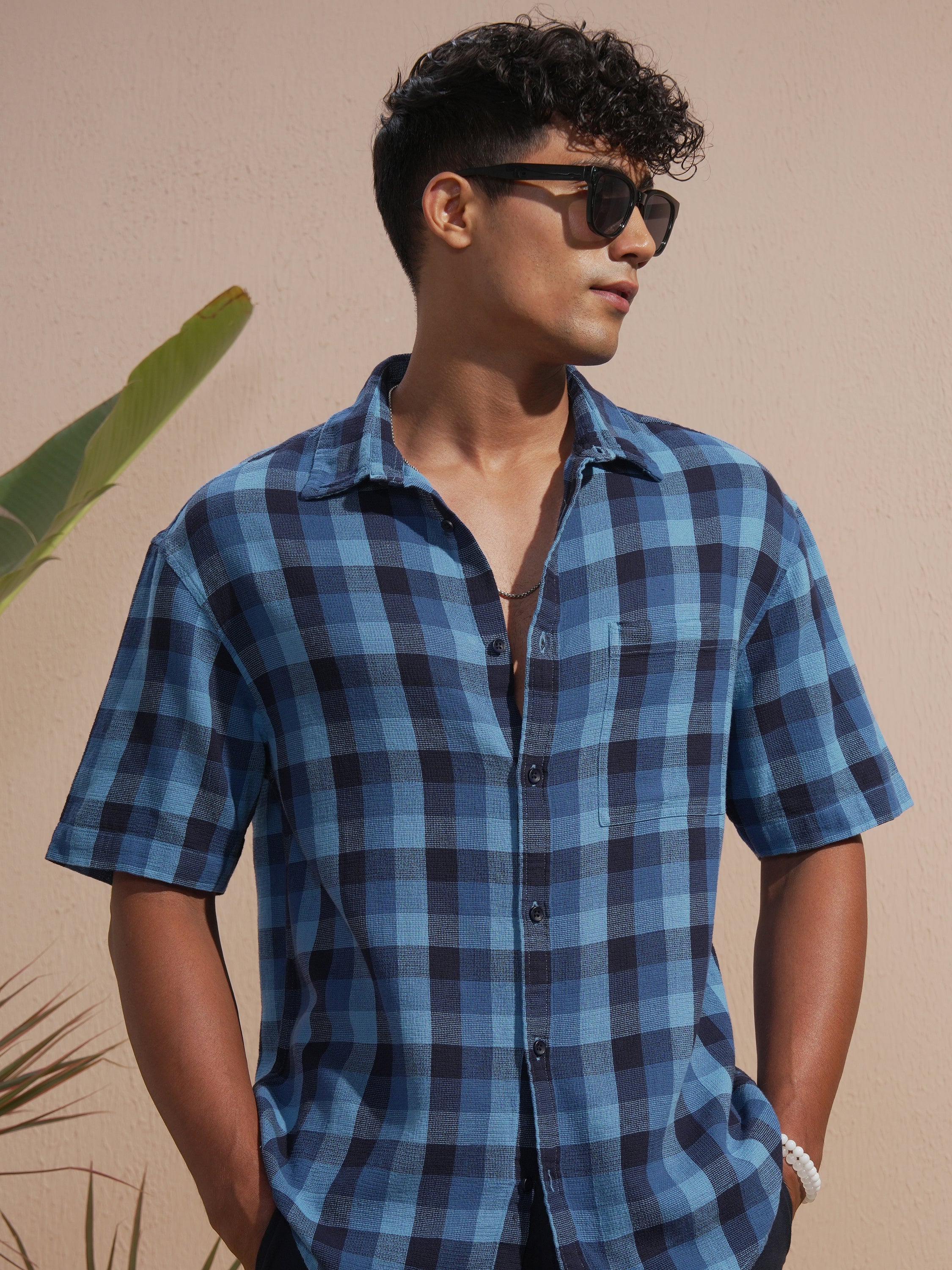 Highlander Men Blue Checked Oversized Fit Casual Shirt - Blue - Image 1