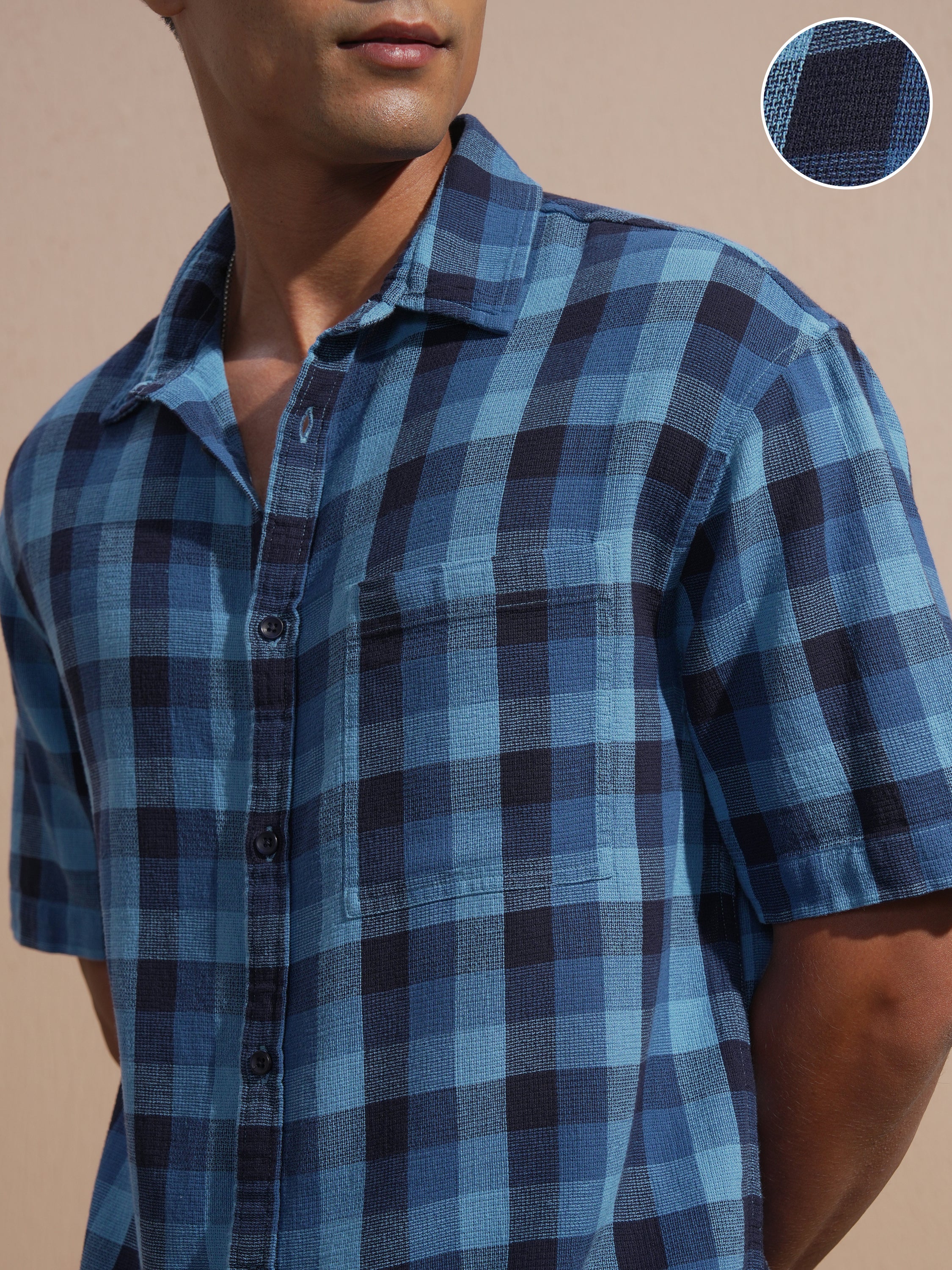 Highlander Men Blue Checked Oversized Fit Casual Shirt - Blue - Image 5