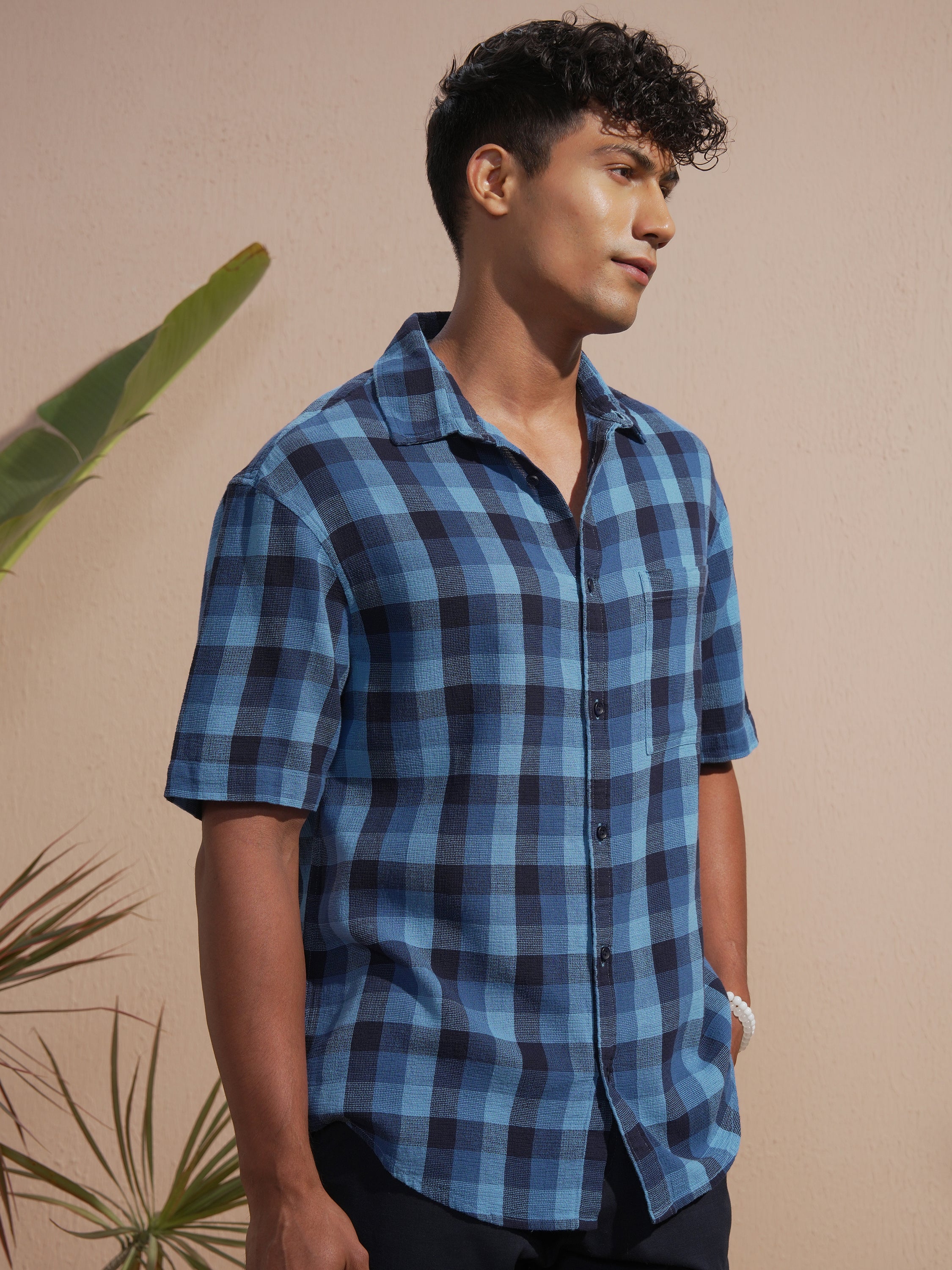 Highlander Men Blue Checked Oversized Fit Casual Shirt - Blue - Image 6