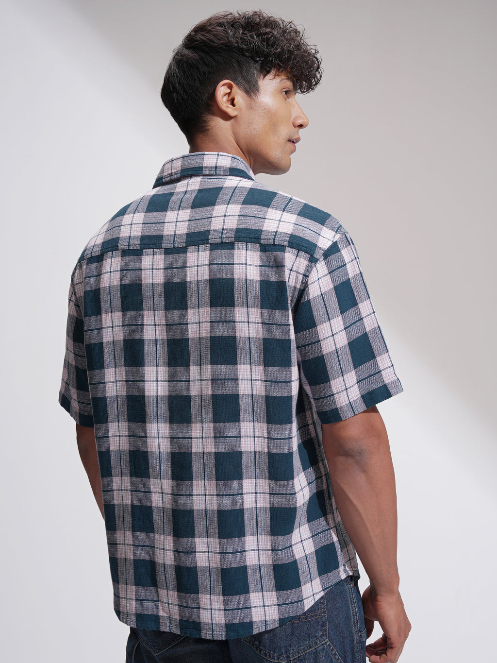 Highlander Men Teal Checked Oversized Fit Casual Shirt - Teal - Image 3