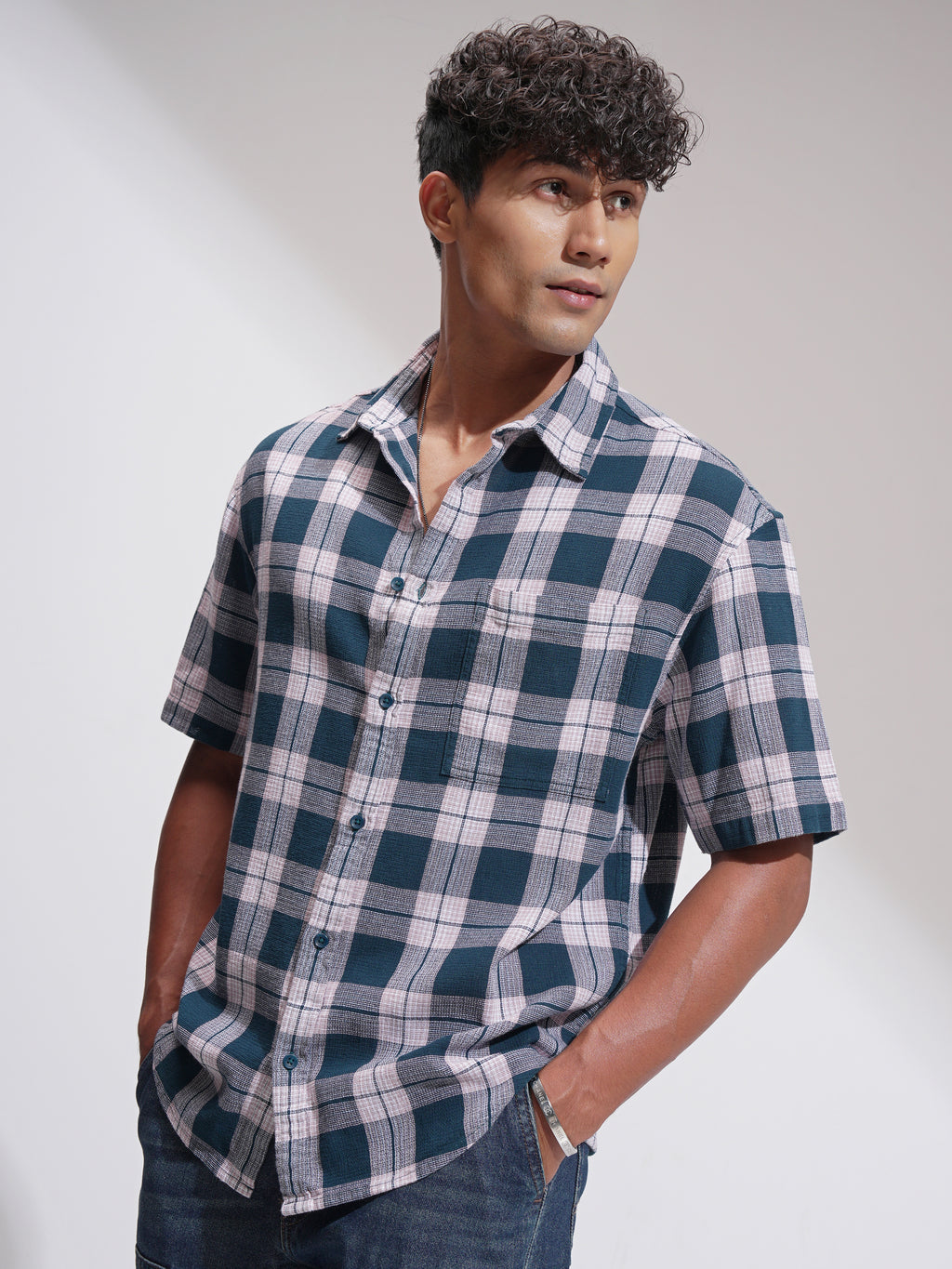 Highlander Men Teal Checked Oversized Fit Casual Shirt - Teal - Image 4