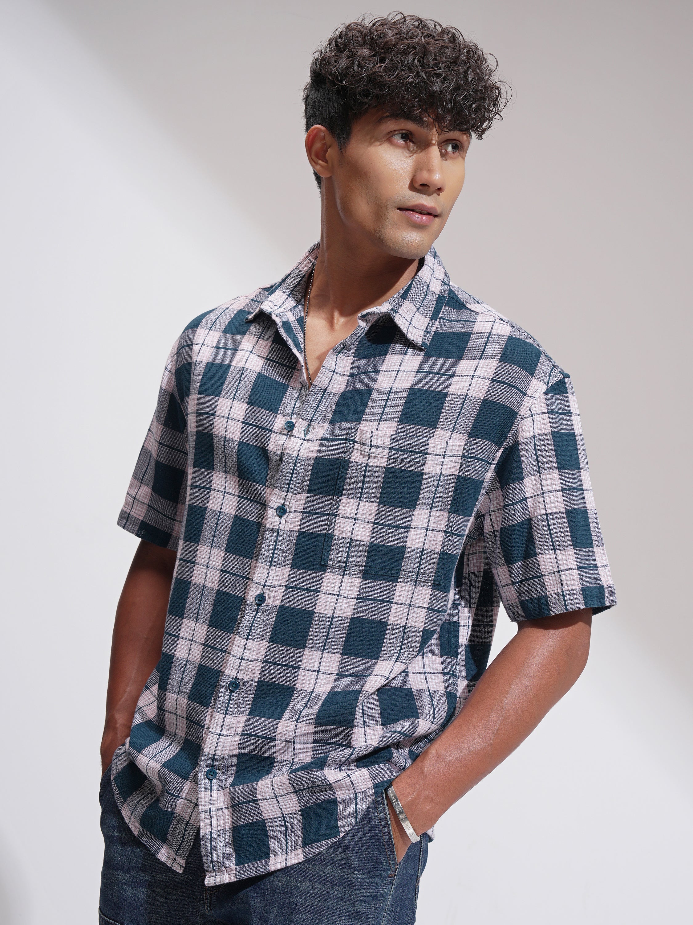 Highlander Men Teal Checked Oversized Fit Casual Shirt - Teal - Image 4