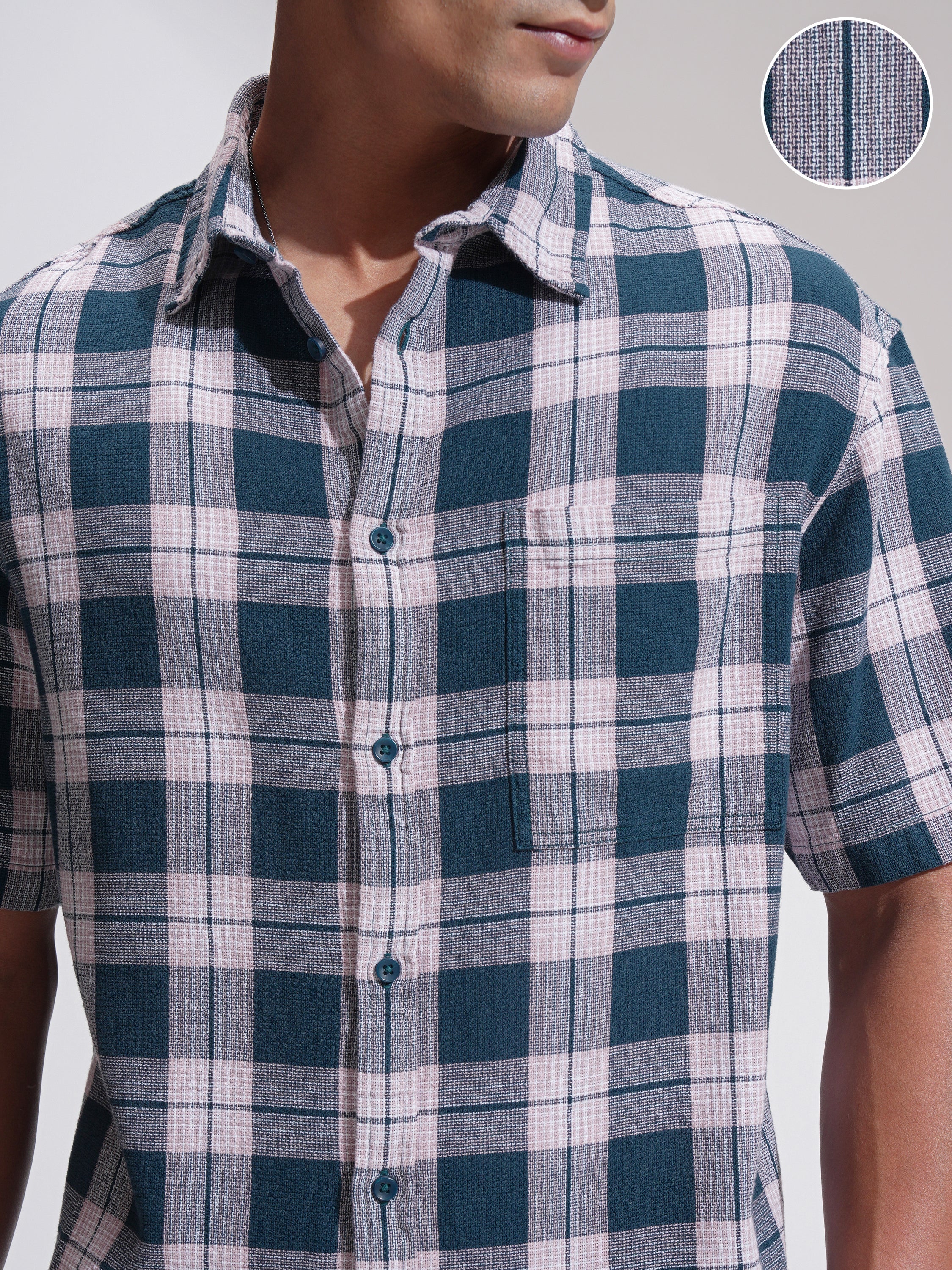 Highlander Men Teal Checked Oversized Fit Casual Shirt - Teal - Image 5