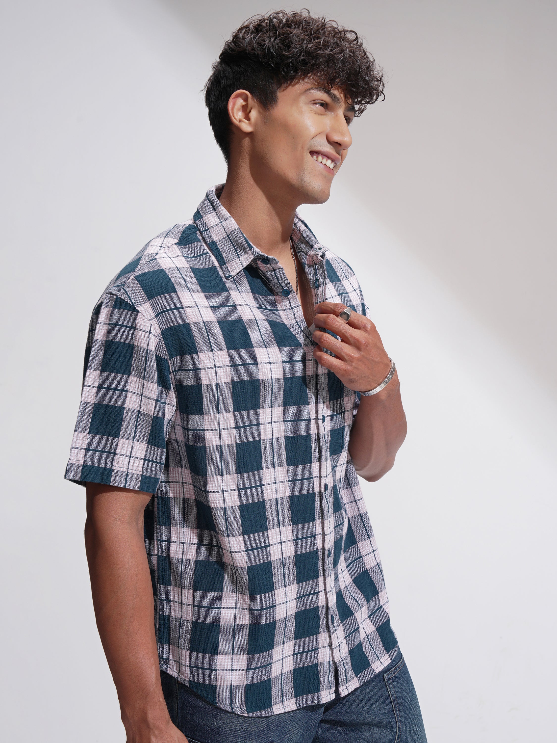 Highlander Men Teal Checked Oversized Fit Casual Shirt - Teal - Image 6