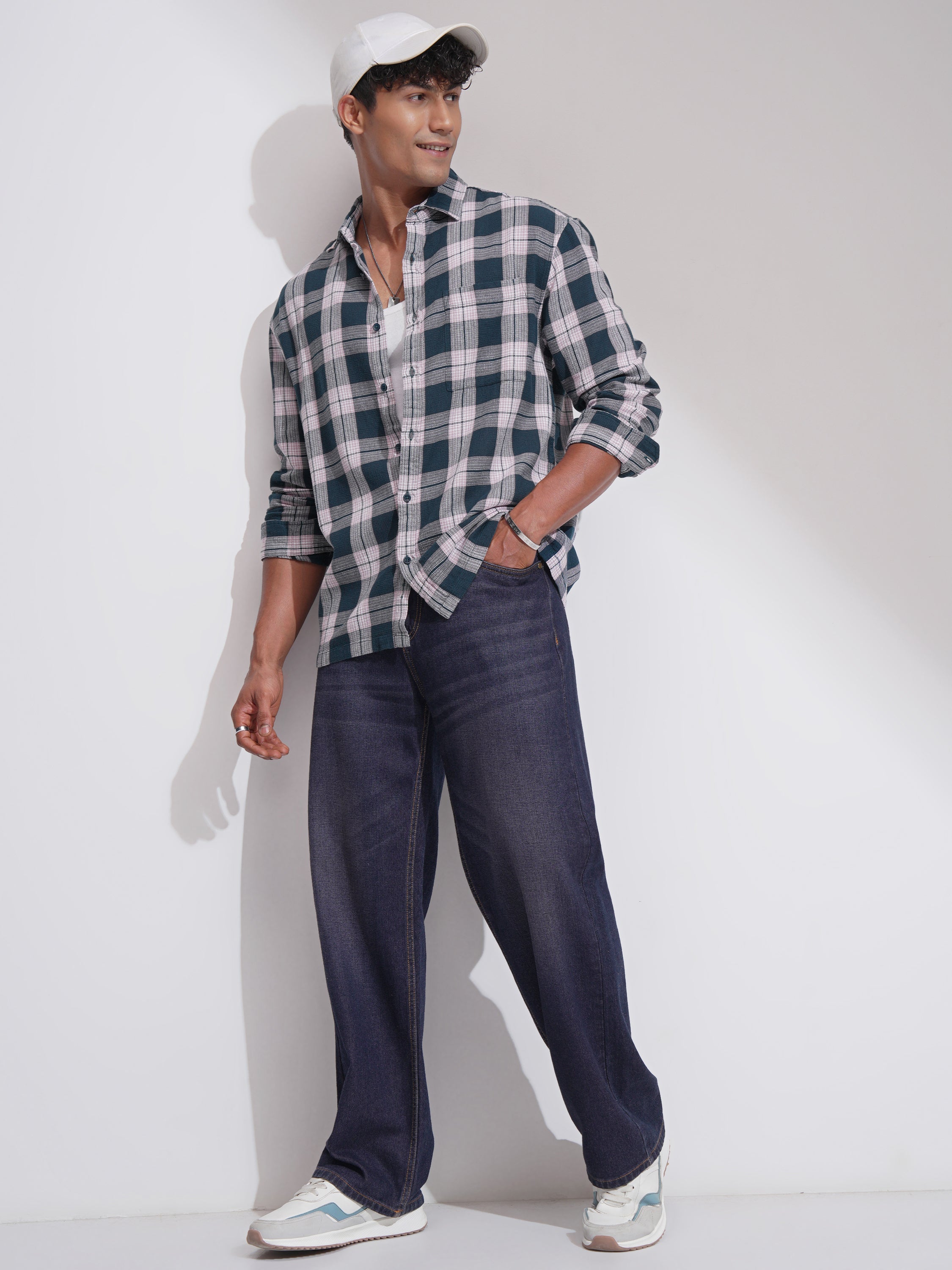 Highlander Men Teal Checked Oversized Fit Casual Shirt - Teal - Image 2