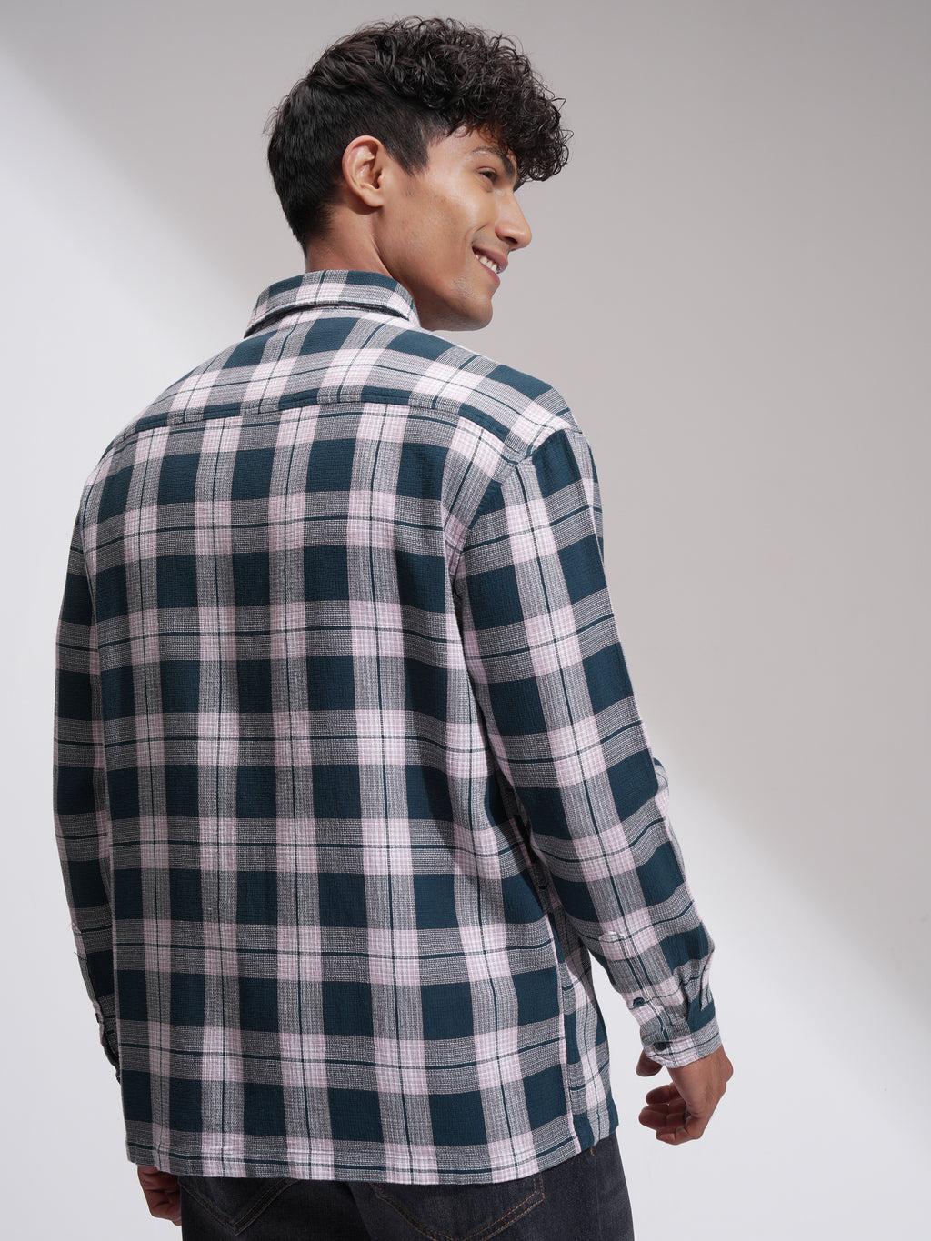 Highlander Men Teal Checked Oversized Fit Casual Shirt - Teal - Image 3
