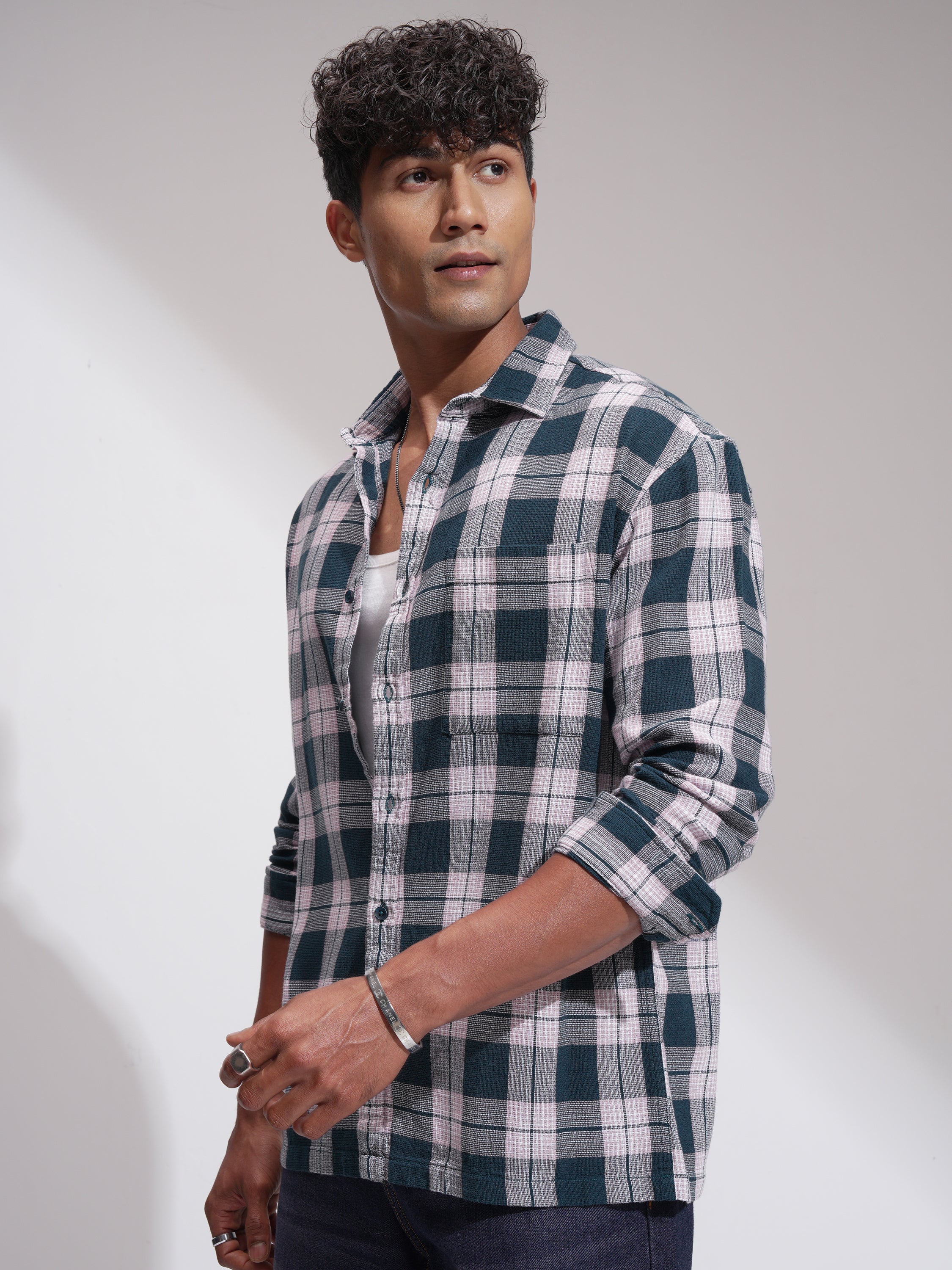 Highlander Men Teal Checked Oversized Fit Casual Shirt - Teal - Image 4