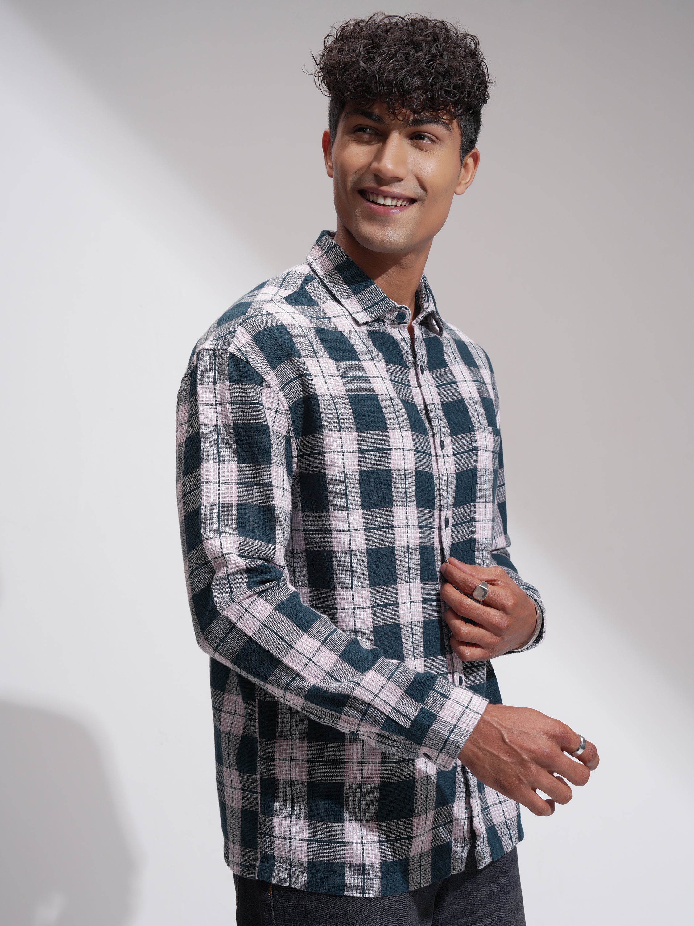 Highlander Men Teal Checked Oversized Fit Casual Shirt - Teal - Image 6