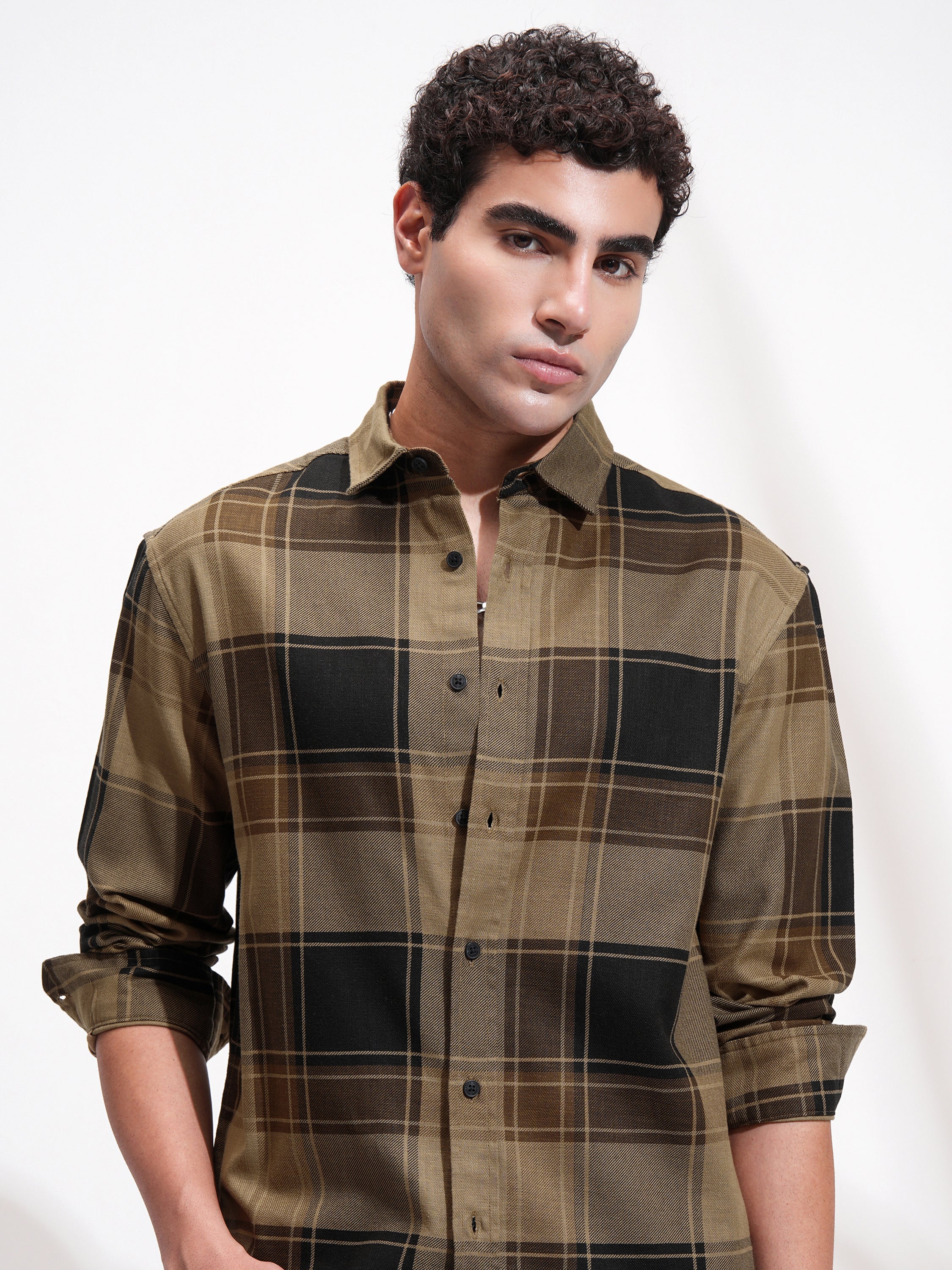 Highlander Men Mustard Checked Oversized Fit Casual Shirt - Mustard - Image 1