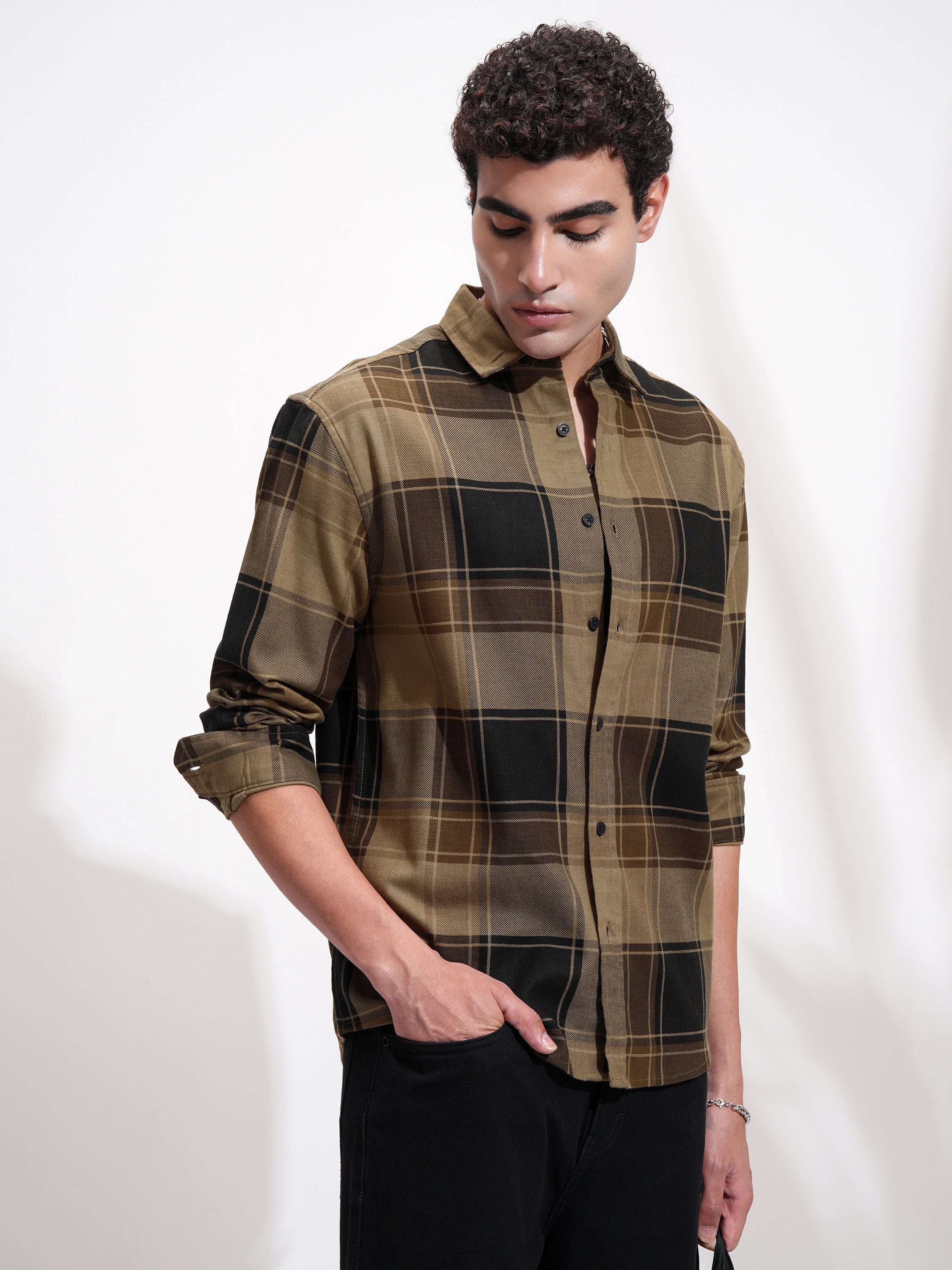 Highlander Men Mustard Checked Oversized Fit Casual Shirt - Mustard - Image 6