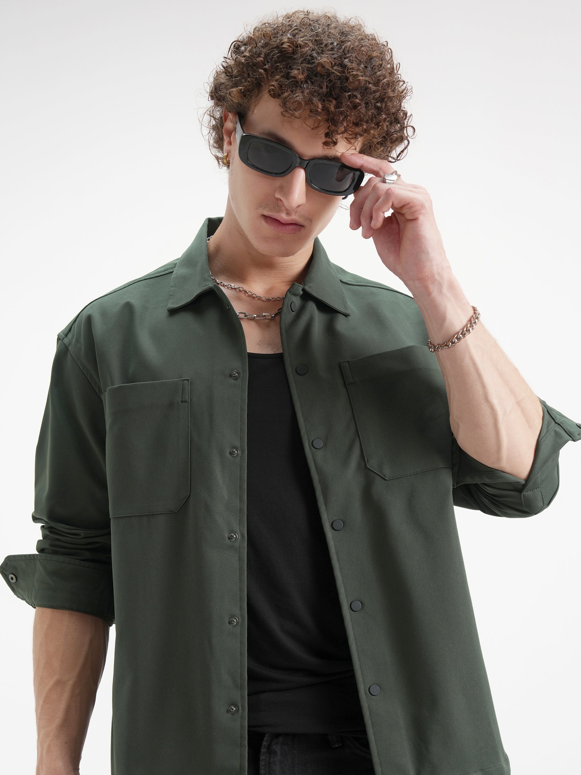 Highlander Men Green Solid Oversized Fit Casual Shirt - Green - Image 1