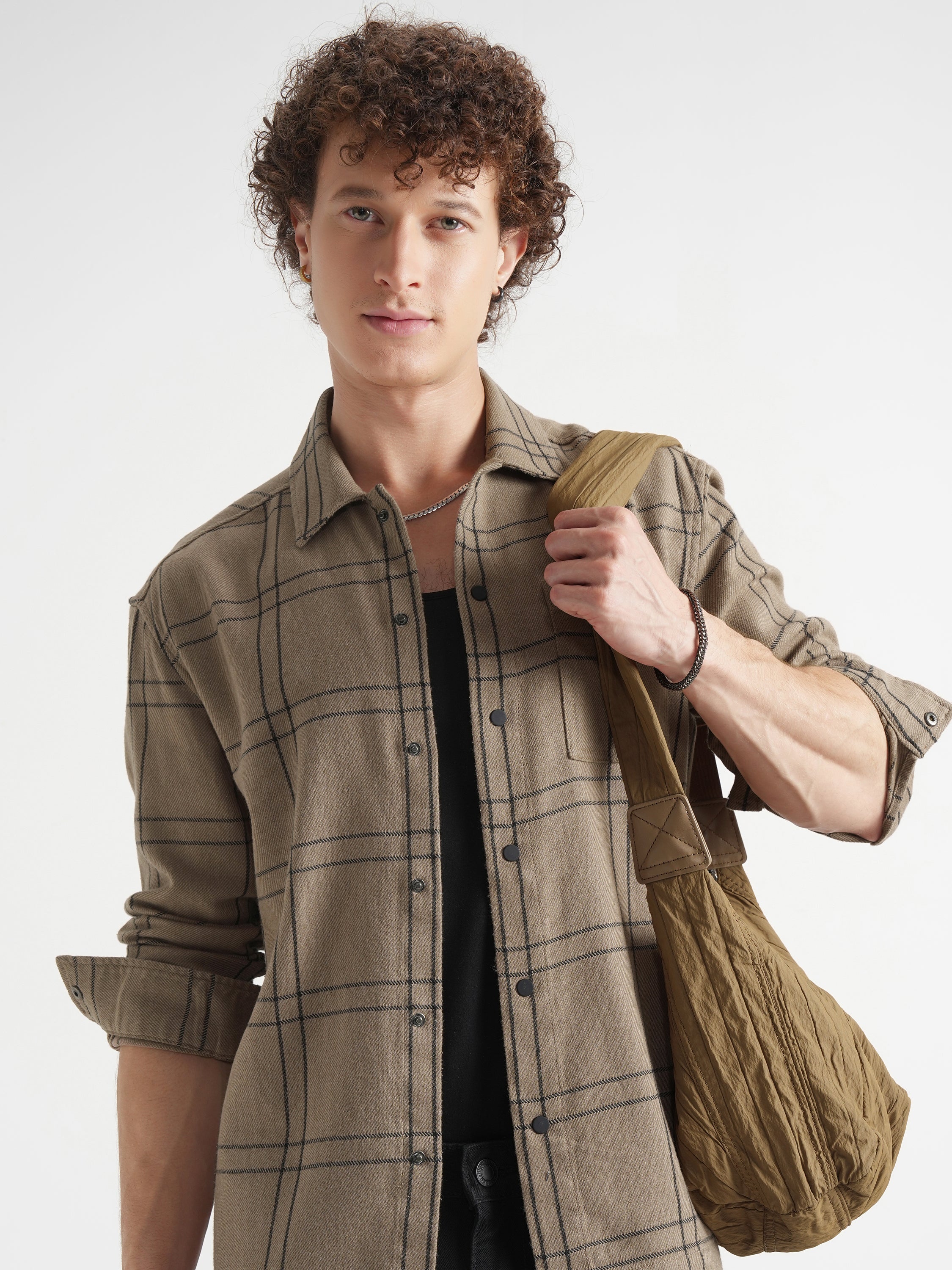 Highlander Men Khaki Checked Relaxed Fit Casual Shirt - Khaki - Image 1
