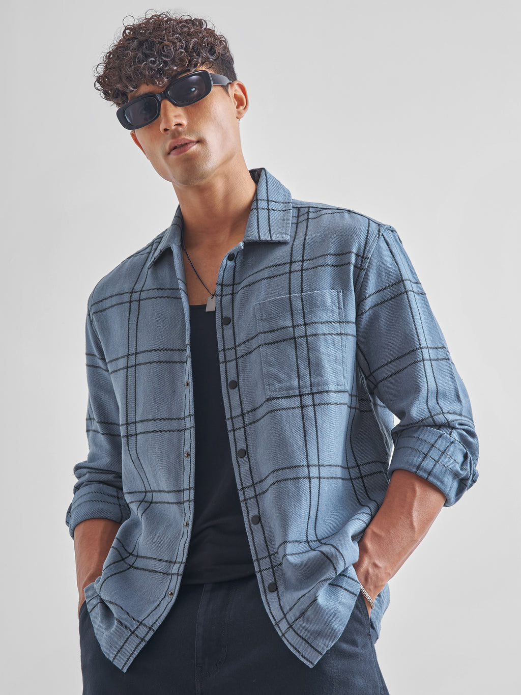 Highlander Men Blue Checked Relaxed Fit Casual Shirt - Blue - Image 1