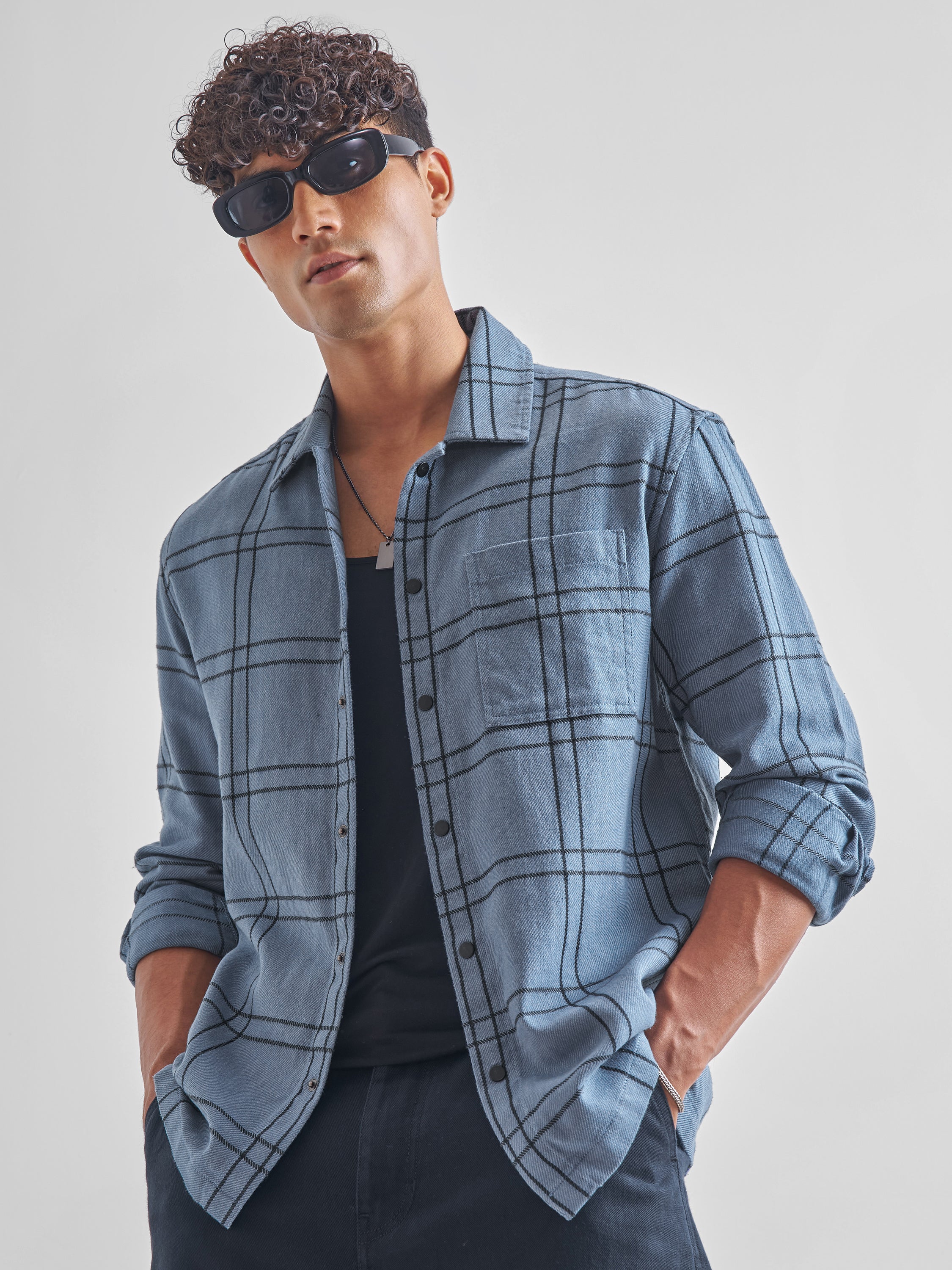 Highlander Men Blue Checked Relaxed Fit Casual Shirt - Blue - Image 1