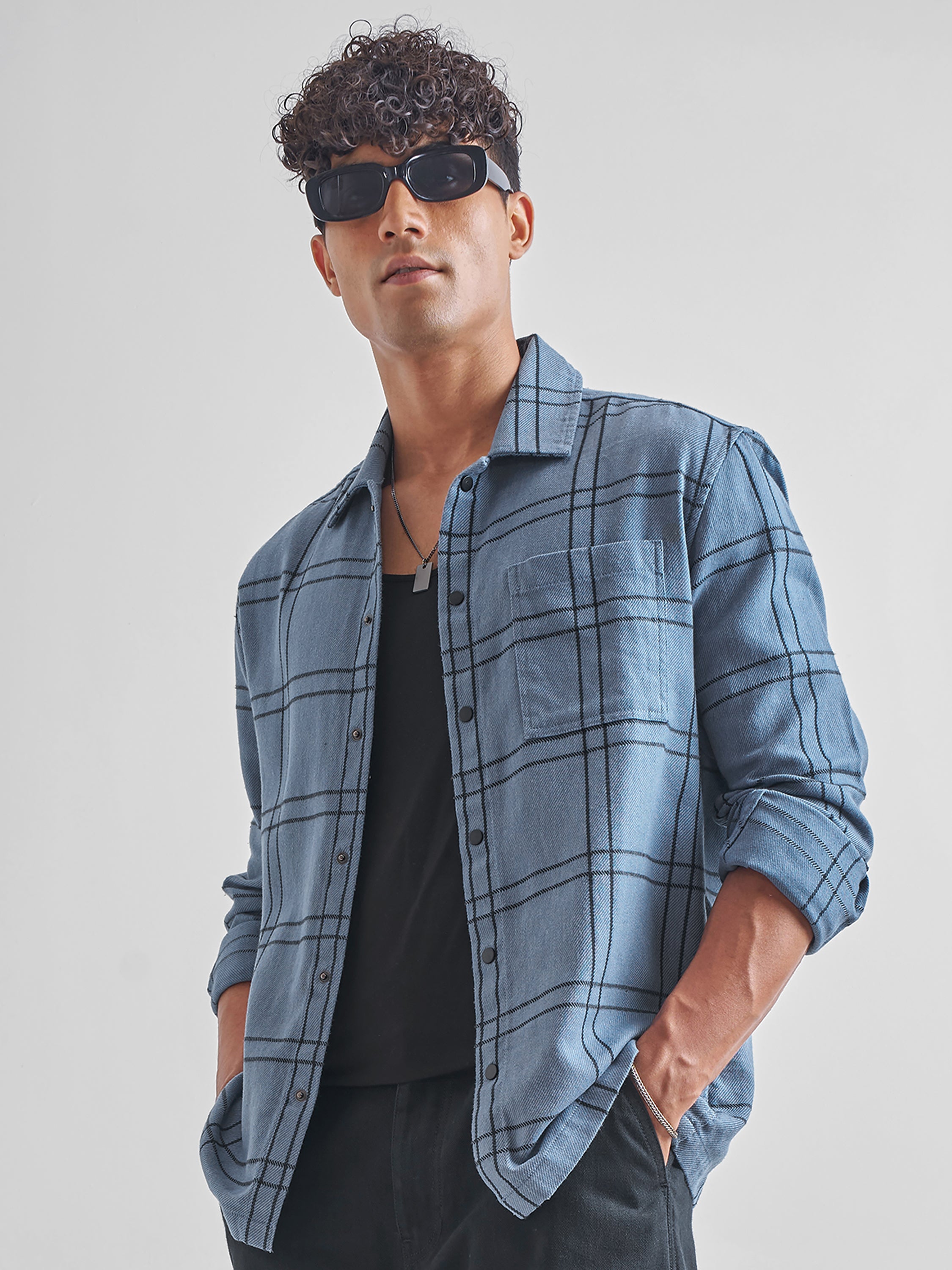 Highlander Men Blue Checked Relaxed Fit Casual Shirt - Blue - Image 4