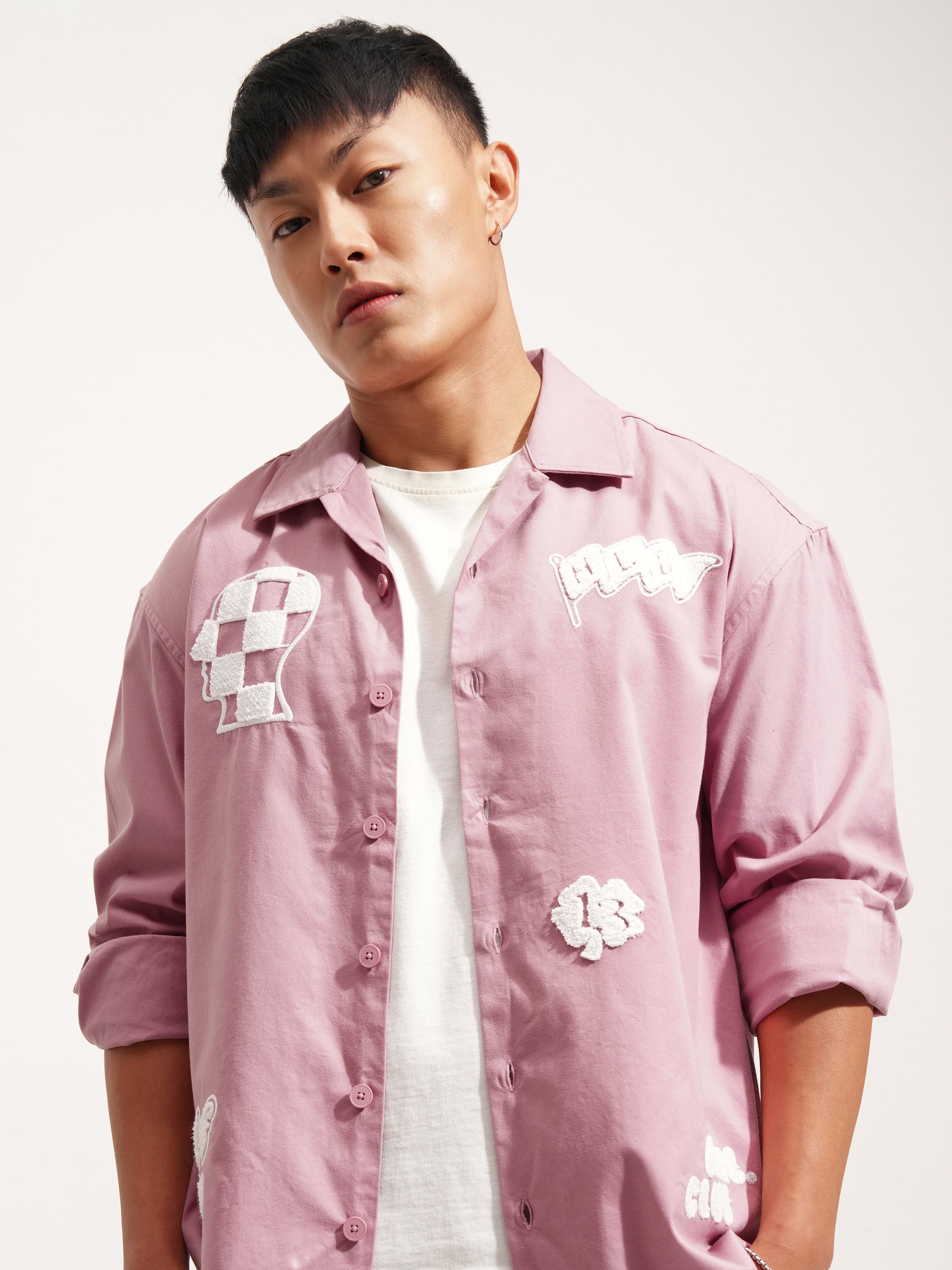 Highlander Men Pink Embroidered Oversized Fit Casual Shirt - Pink - Image 1